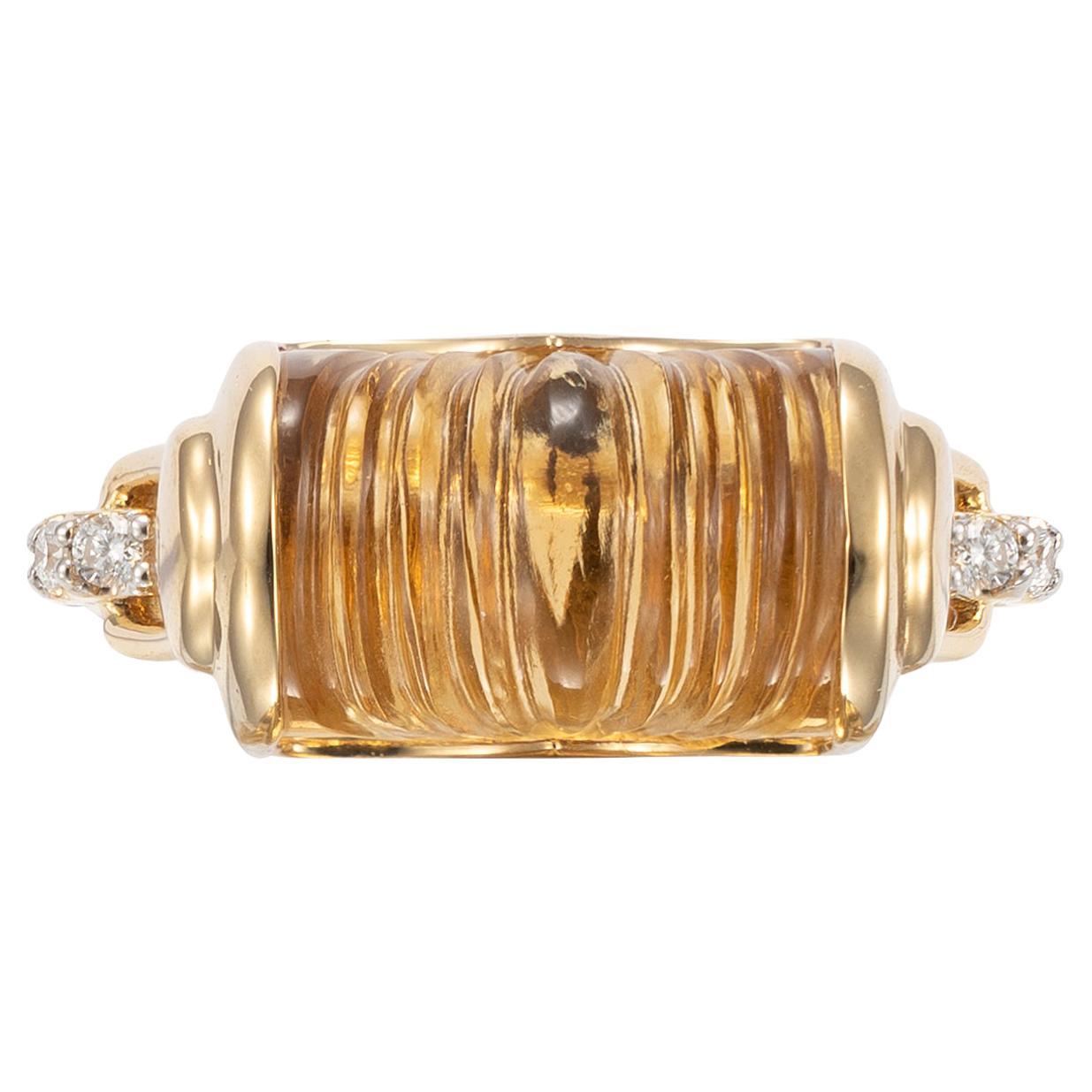6.7 Carat Carved Citrine Ring with Diamond in 18 Karat Yellow Gold
