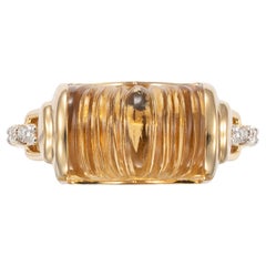 6.7 Carat Carved Citrine Ring with Diamond in 18 Karat Yellow Gold