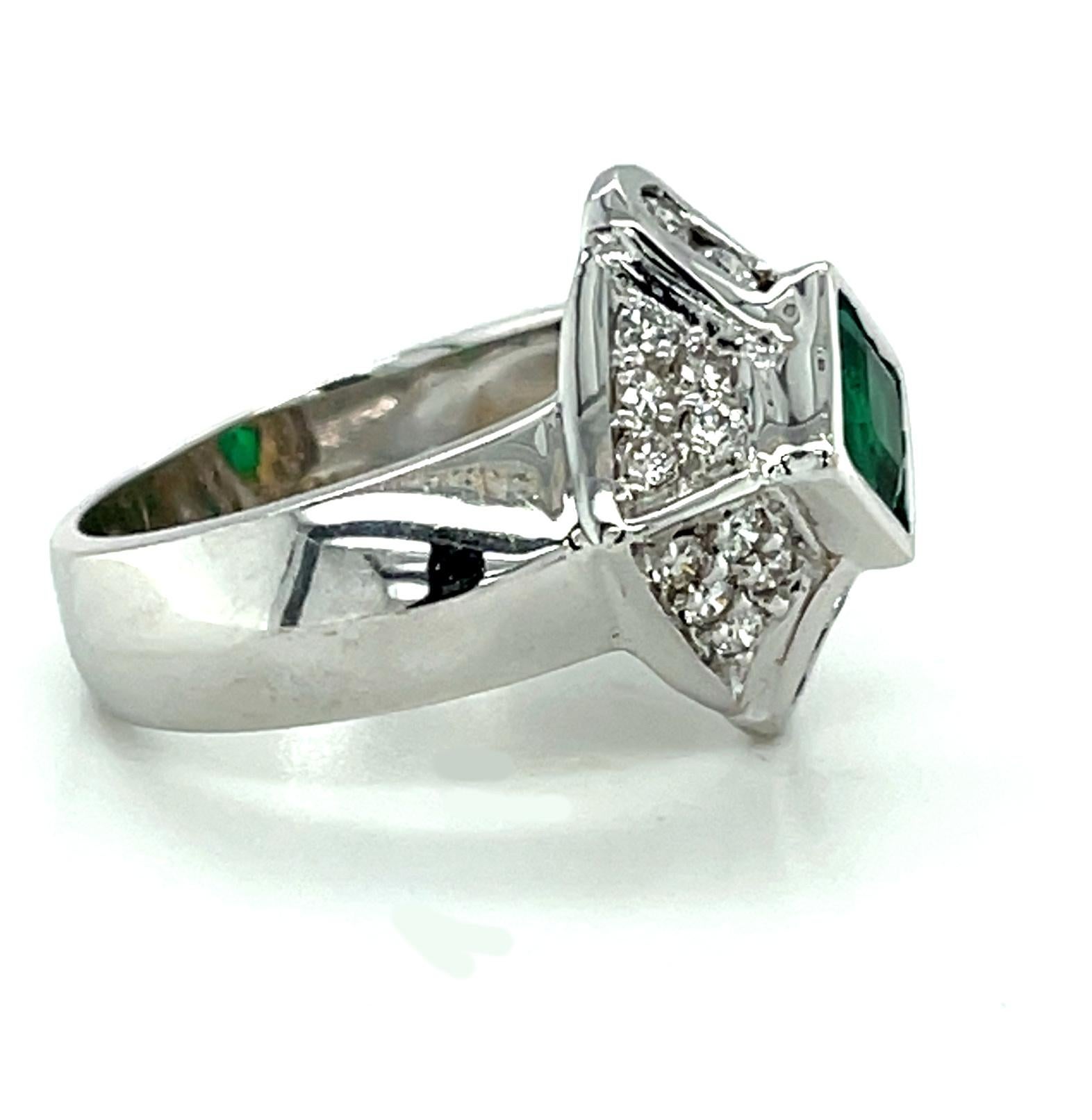 Art Deco Emerald and Diamond Pave Square Cocktail Ring in 18k White Gold, .67 Carat  For Sale