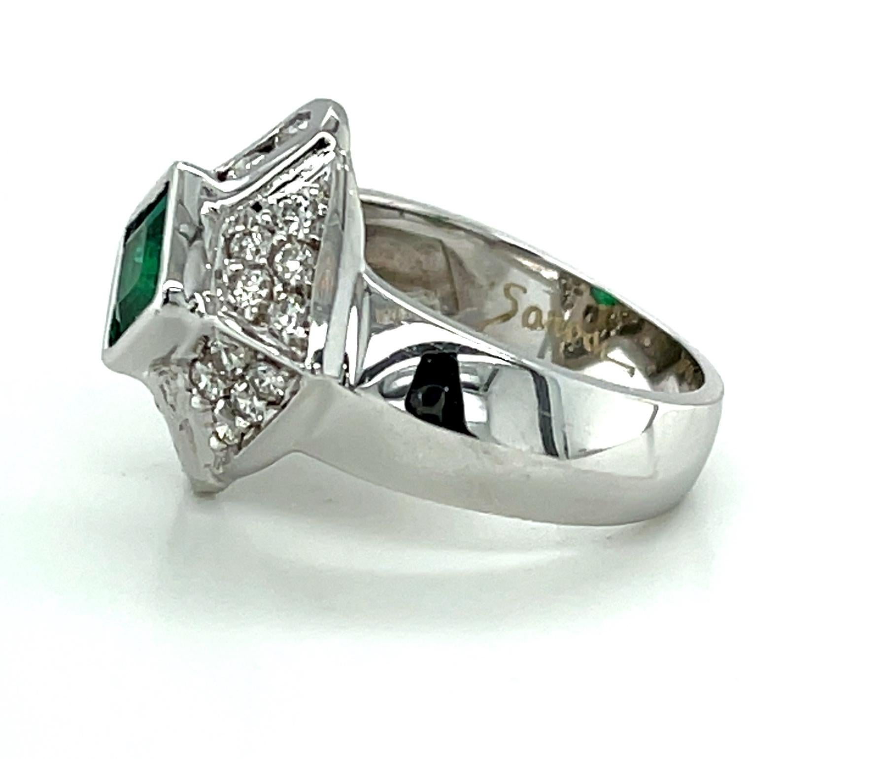 Emerald Cut Emerald and Diamond Pave Square Cocktail Ring in 18k White Gold, .67 Carat  For Sale