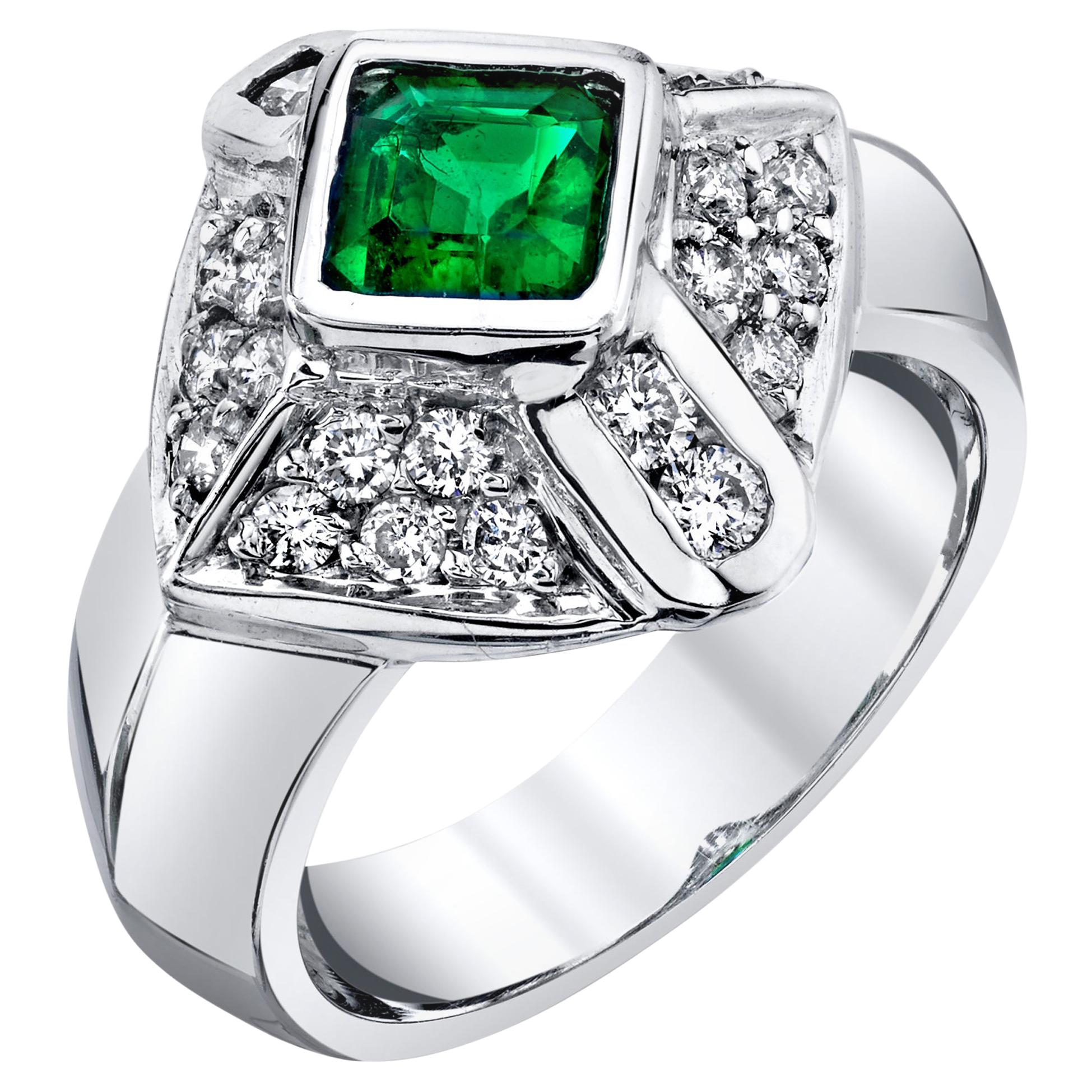 Emerald and Diamond Pave Square Cocktail Ring in 18k White Gold, .67 Carat 