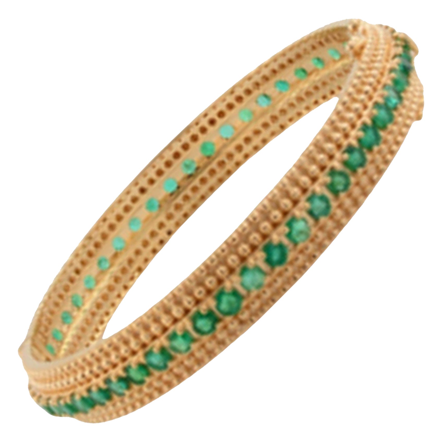 Handmade Milgrain Edged Emerald Bangle 6.75 Carat 14 Karat Yellow Gold Jewelry For Sale