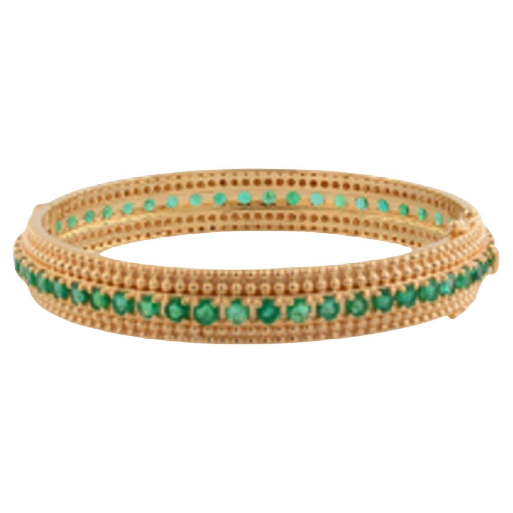 Handmade Milgrain Edged Emerald Bangle 6.75 Carat 18 Karat Yellow Gold Jewelry