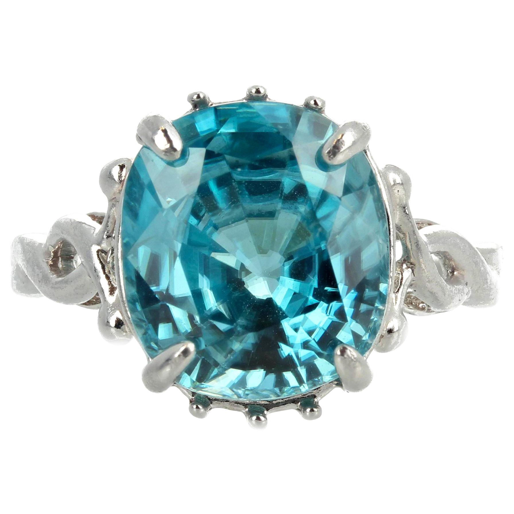 6.7 Carat Natural Blue Cambodian Zircon Sterling Silver Ring