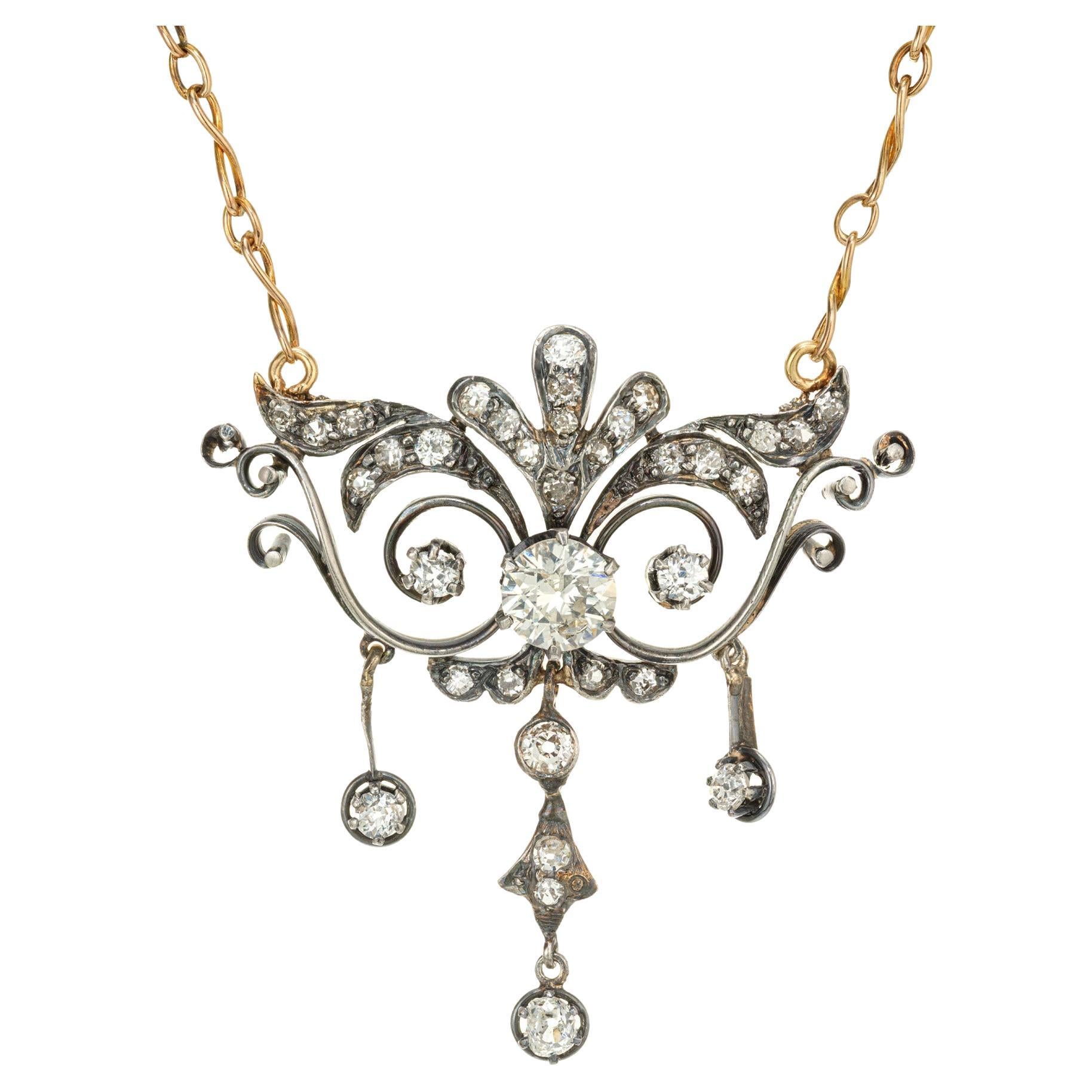 .67 Carat Old European Cut Diamond Silver Gold Victorian Pendant Necklace For Sale