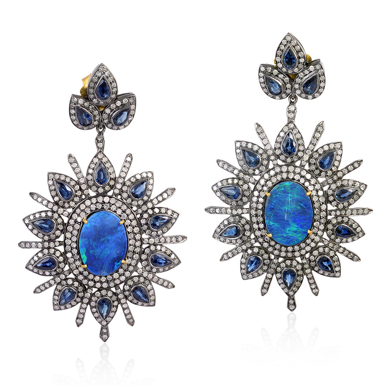Contemporary 6.7 Carat Opal Sapphire Diamond Drop Earrings For Sale