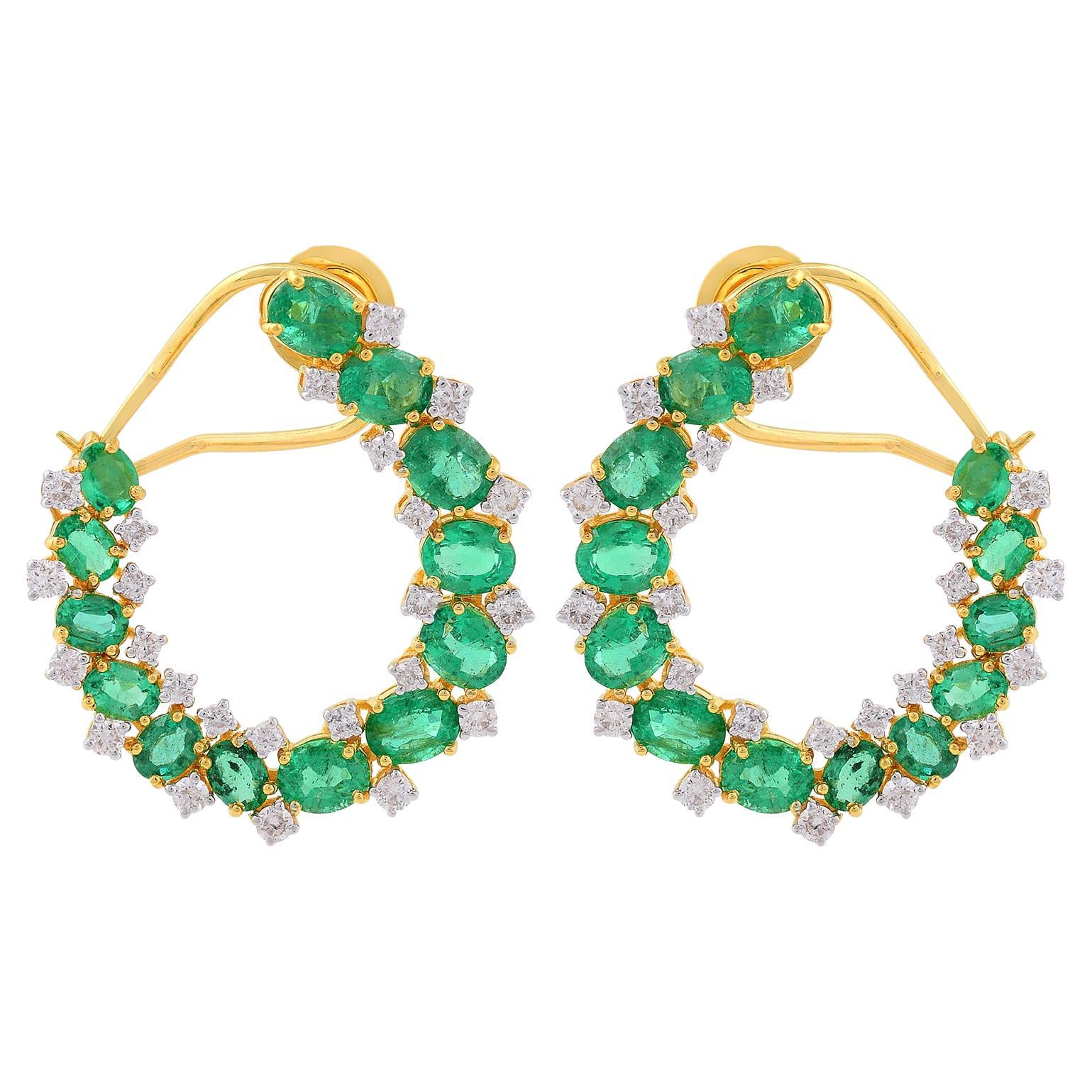 6.7 Carat Oval Emerald SI Clarity HI Color Diamond 14k Yellow Gold Hoop Earrings