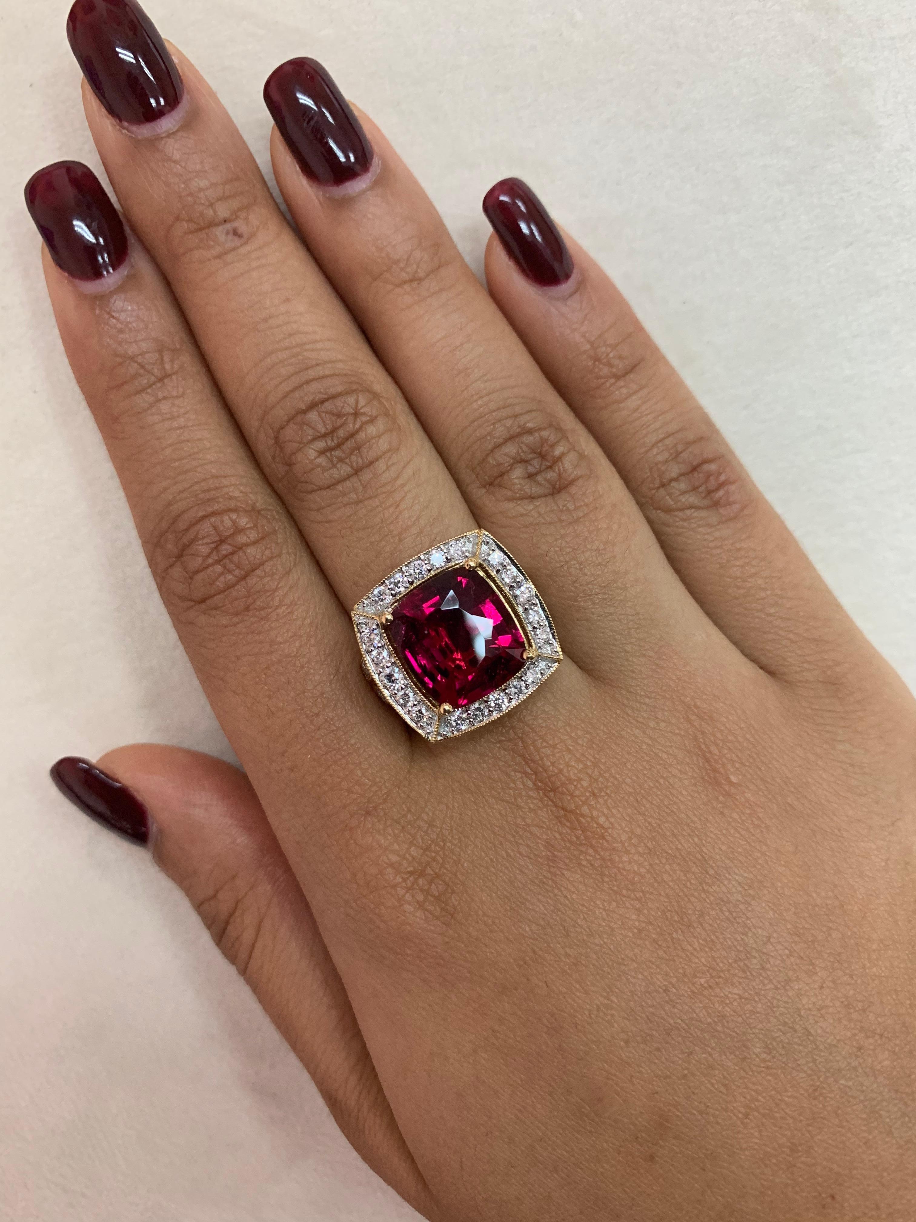 This collection of rings features the most radiant rubelite tourmalines. These gemstones show a magnificant and regal deep red colour, and the yellow gold and diamond accents makes these pieces a true show stopper. 

Classic rubelite tourmaline ring