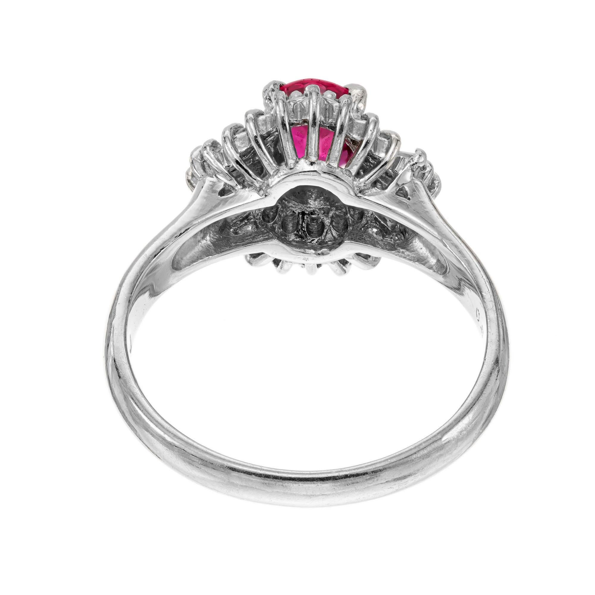 Oval Cut .67 Carat Ruby Diamond Halo Platinum Ballerina Engagement Ring For Sale