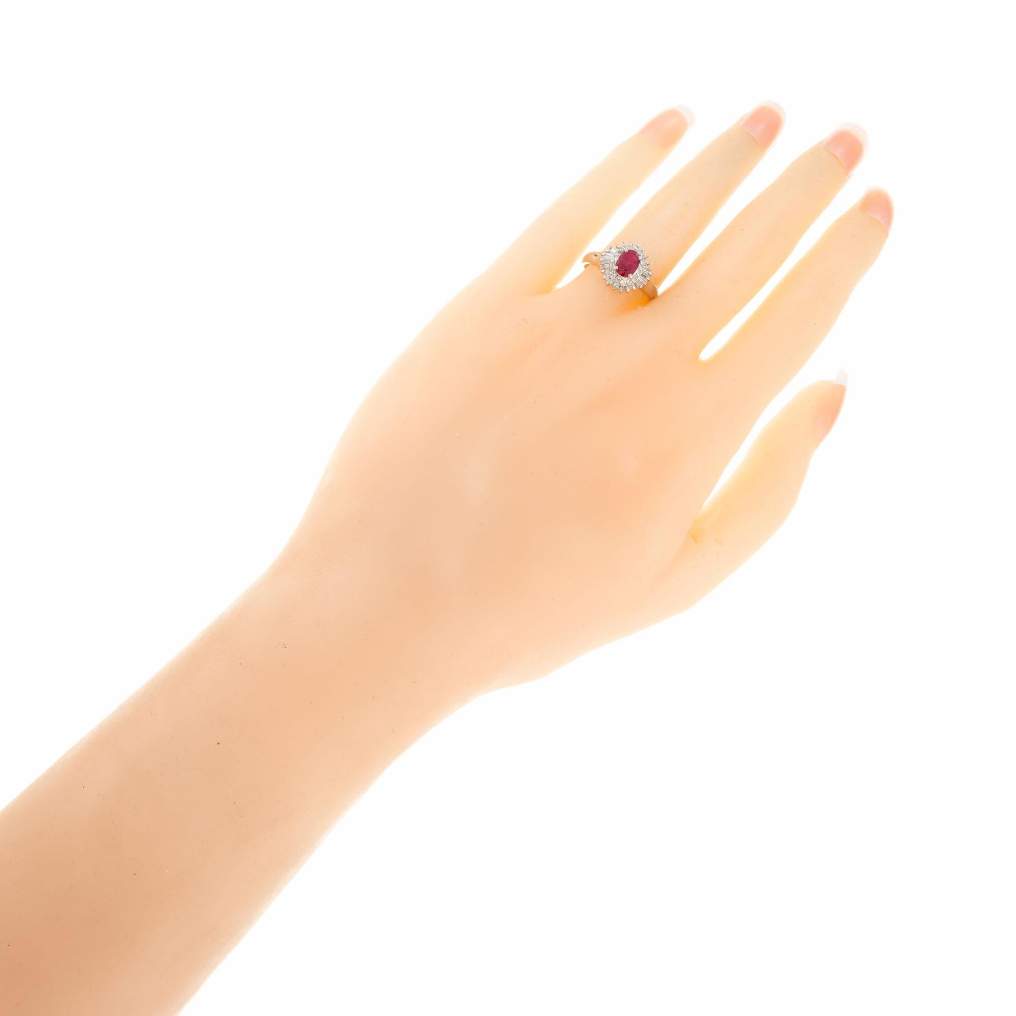.67 Carat Ruby Diamond Halo Platinum Ballerina Engagement Ring For Sale 1