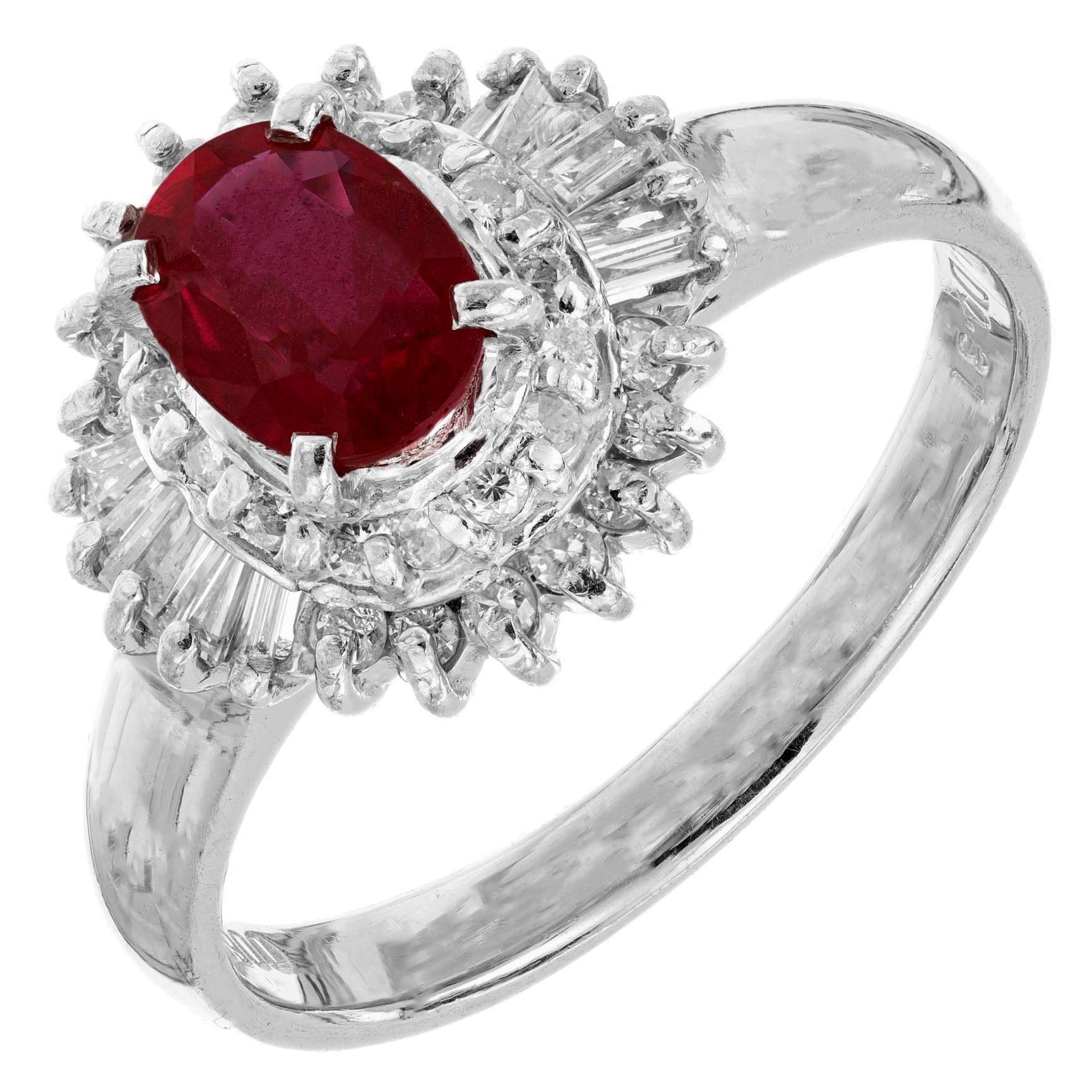 Bague de fiançailles ballerine en platine avec halo de diamants et rubis de 0,67 carat