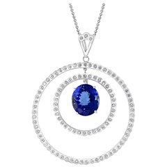 6.7 Carat Tanzanite & 2.5 Ct Diamond Two Circles Pendant/ Necklace 18 Karat Gold