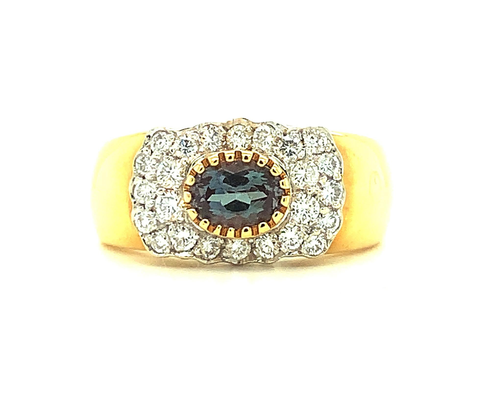 Alexandrites are rare and collection worthy for reasons quite convincing in this ring! The alexandrite featured here exhibits beautiful color change from teal-green in fluorescent lighting to raspberry-red in incandescent lighting. Fine quality