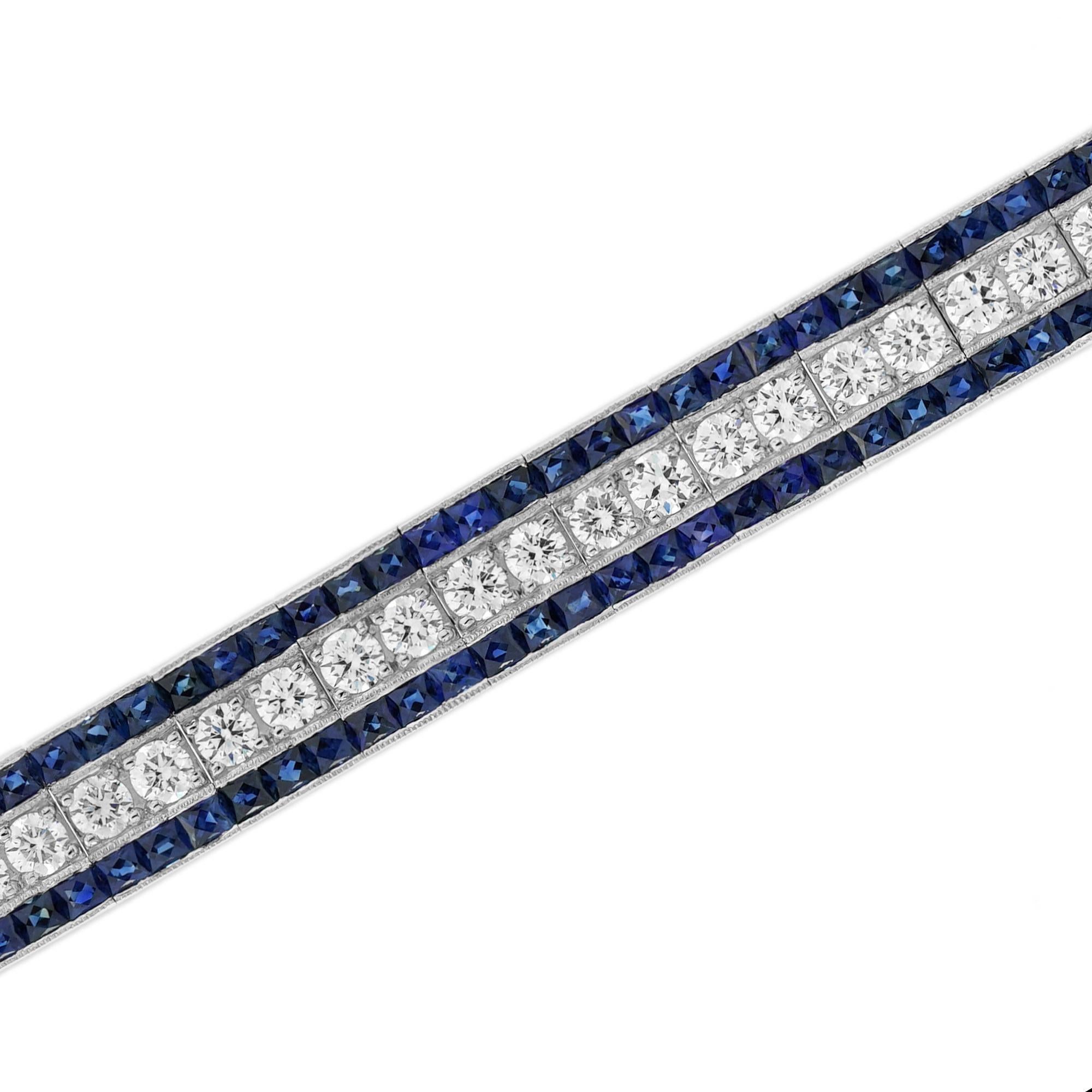 Round Cut 6.7 Ct. Diamond and Blue Sapphire Art Deco Style Bracelet in Platinum950 For Sale