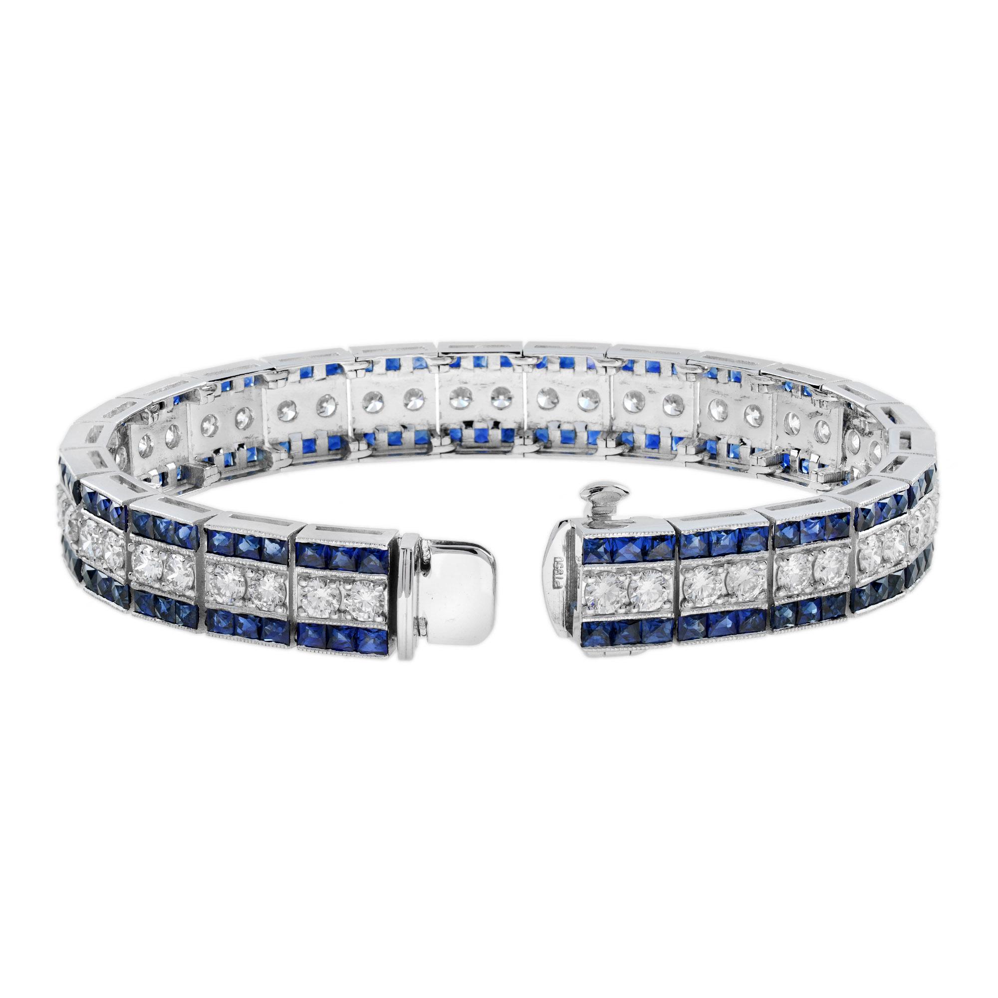 Women's 6.7 Ct. Diamond and Blue Sapphire Art Deco Style Bracelet in Platinum950 For Sale