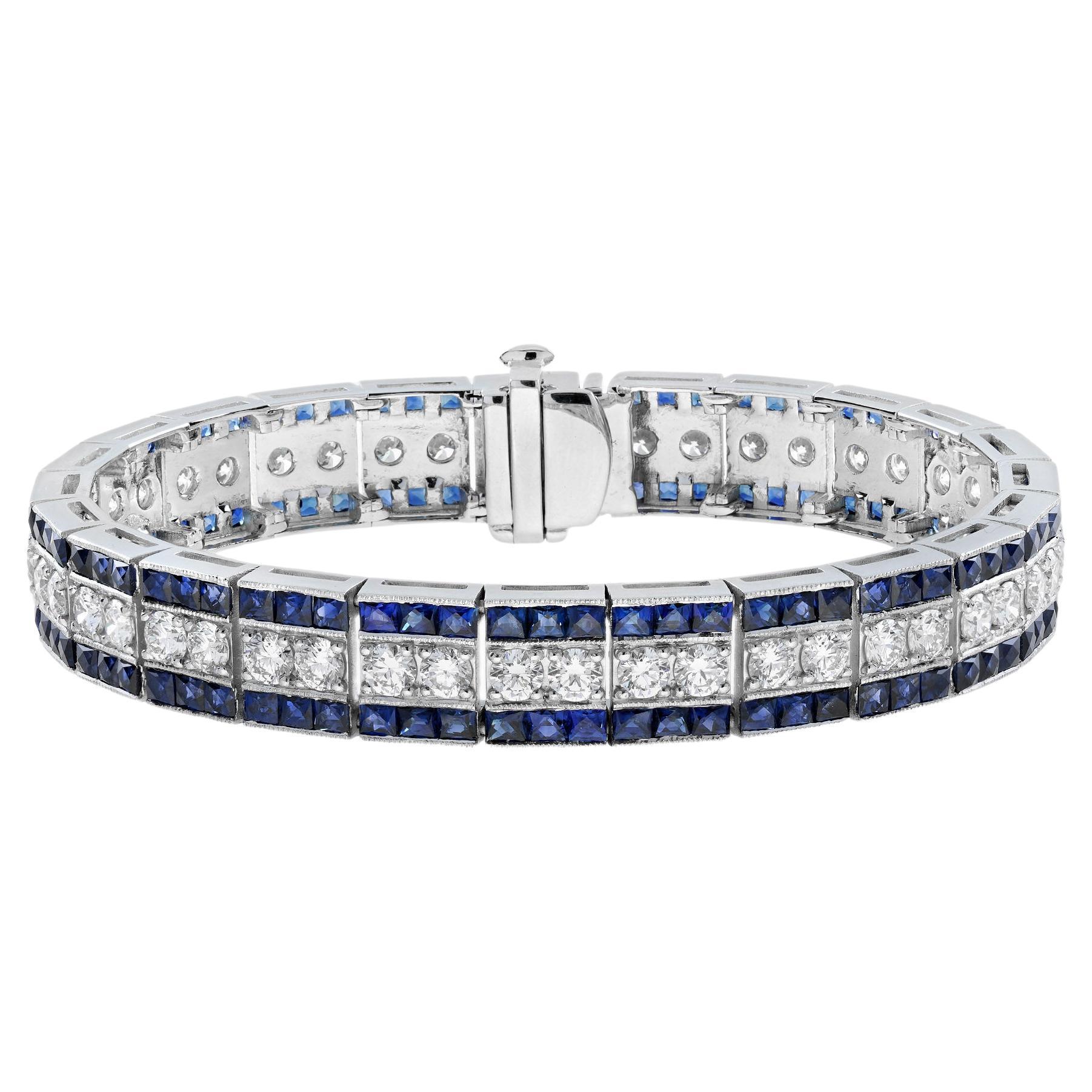 6.7 Ct. Diamond and Blue Sapphire Art Deco Style Bracelet in Platinum950