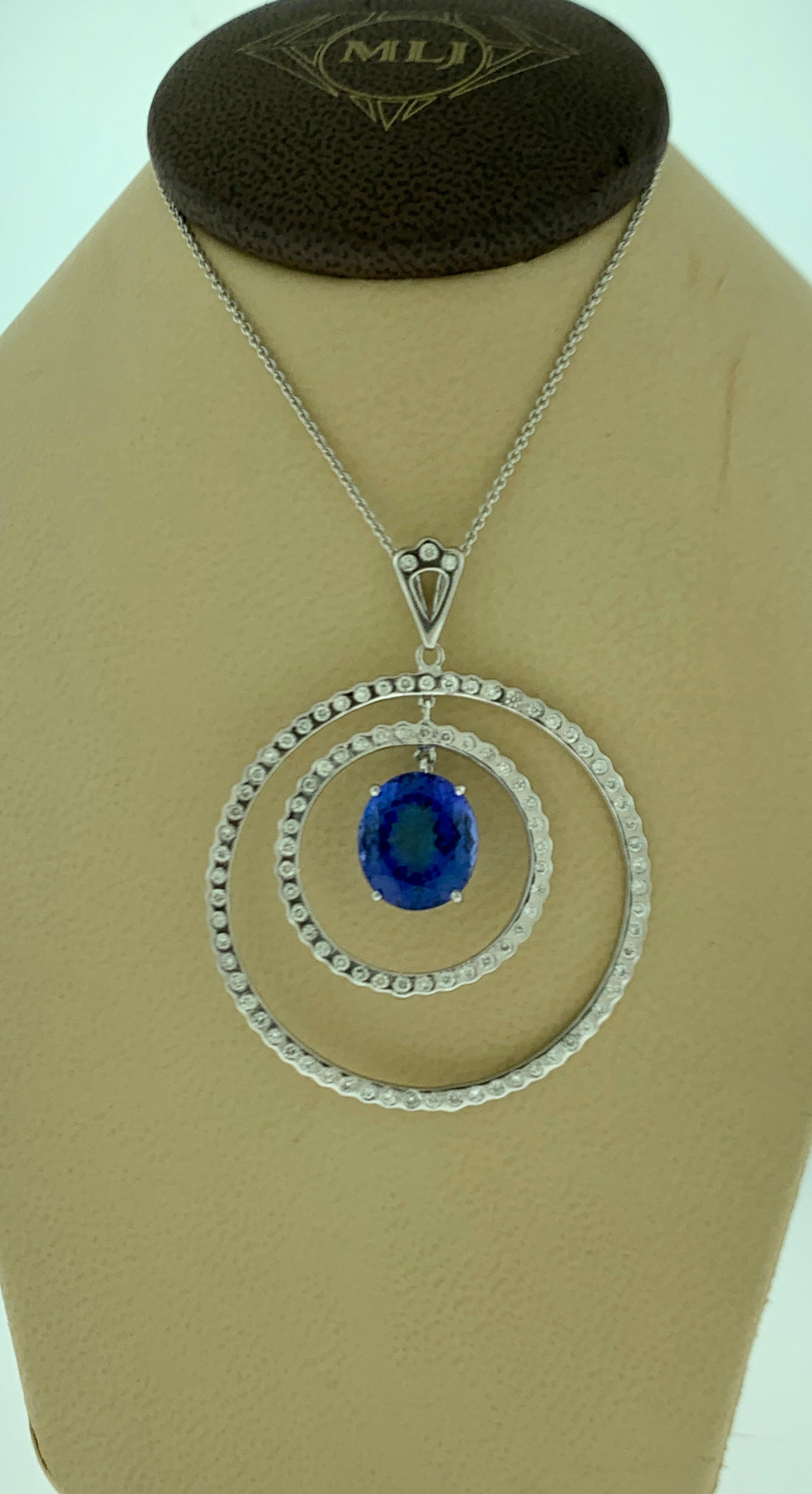 6.7 Carat Tanzanite & 2.5 Ct Diamond Two Circles Pendant/ Necklace 18 Karat Gold In New Condition For Sale In New York, NY