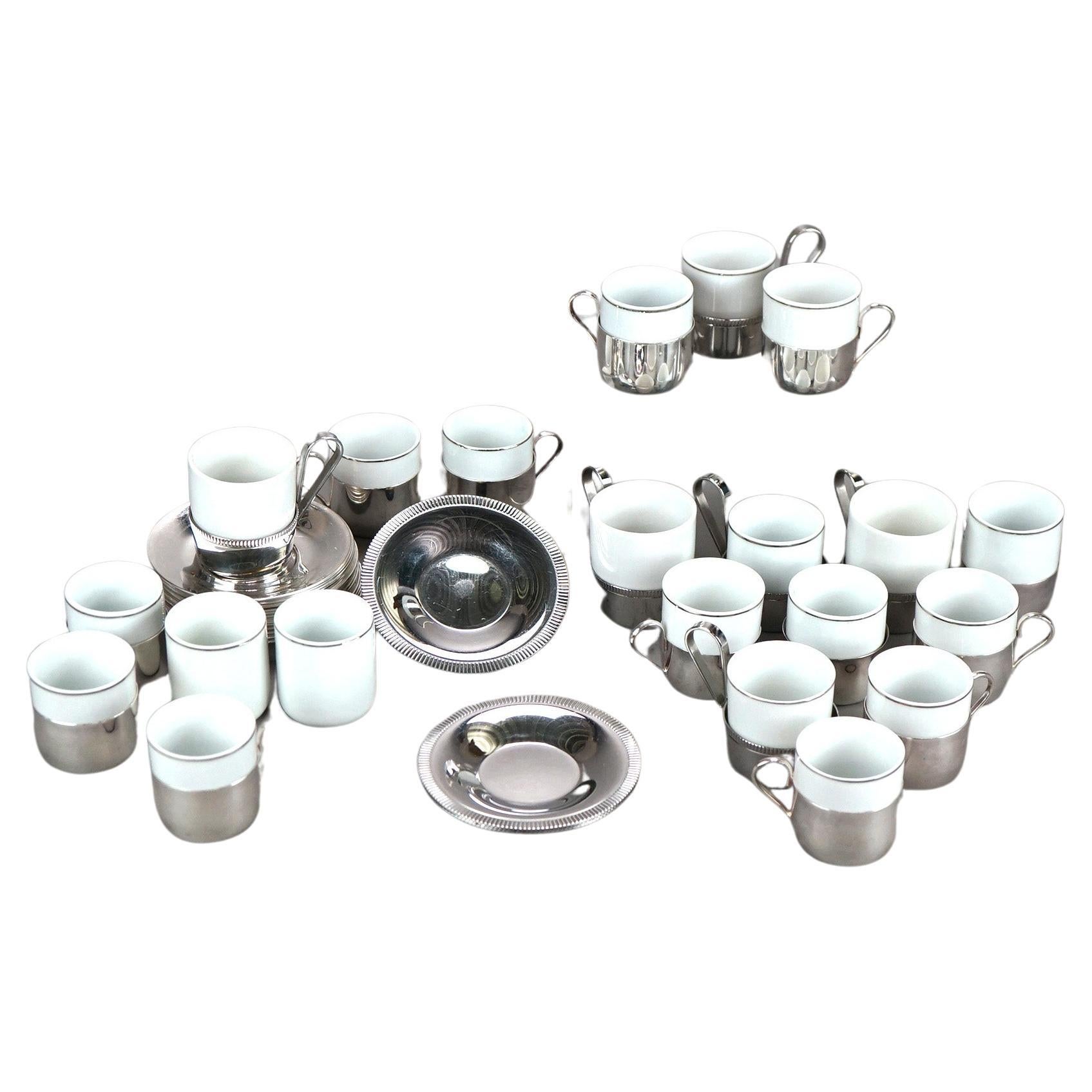 67 Piece Antique French Porcelain & Silver Plate Demitasse Set 1920 For Sale