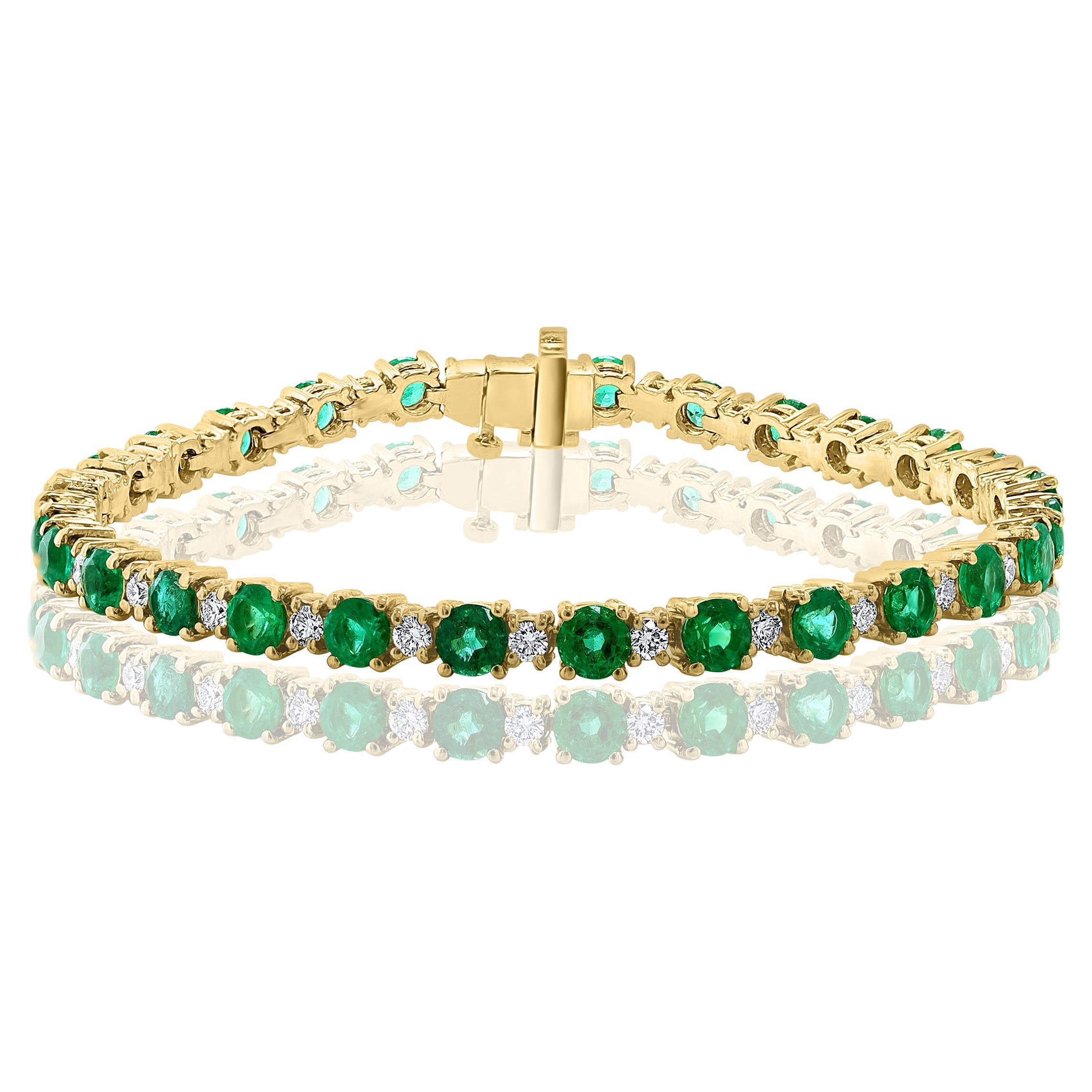 6.70 Carat Alternating Emerald and Diamond Tennis Bracelet in 14K Yellow Gold For Sale
