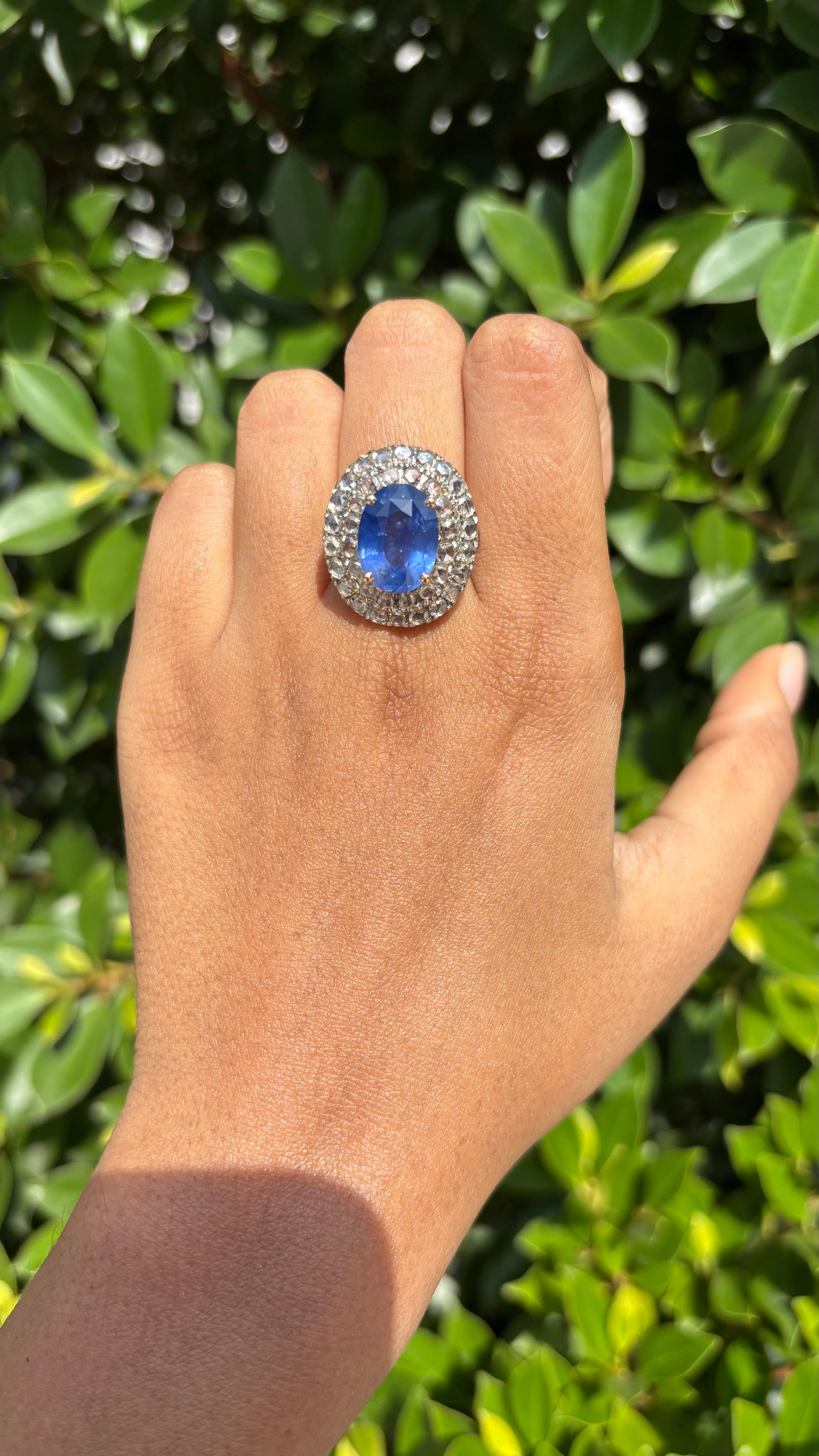 6.70 Carat Ceylon Sapphire & Rose-cut Diamond studded Ring in 14K White Gold For Sale 3