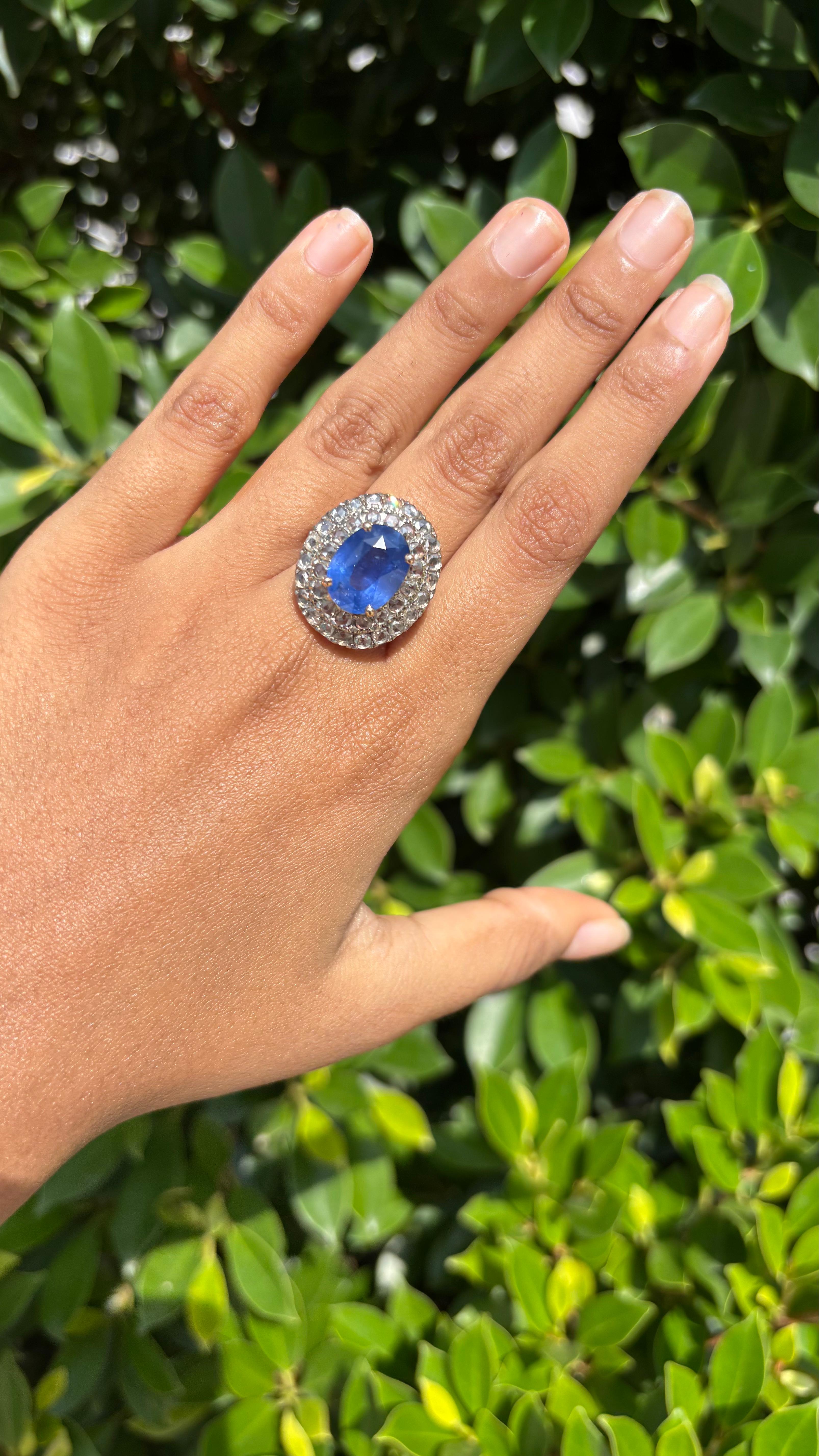 6.70 Carat Ceylon Sapphire & Rose-cut Diamond studded Ring in 14K White Gold For Sale 4