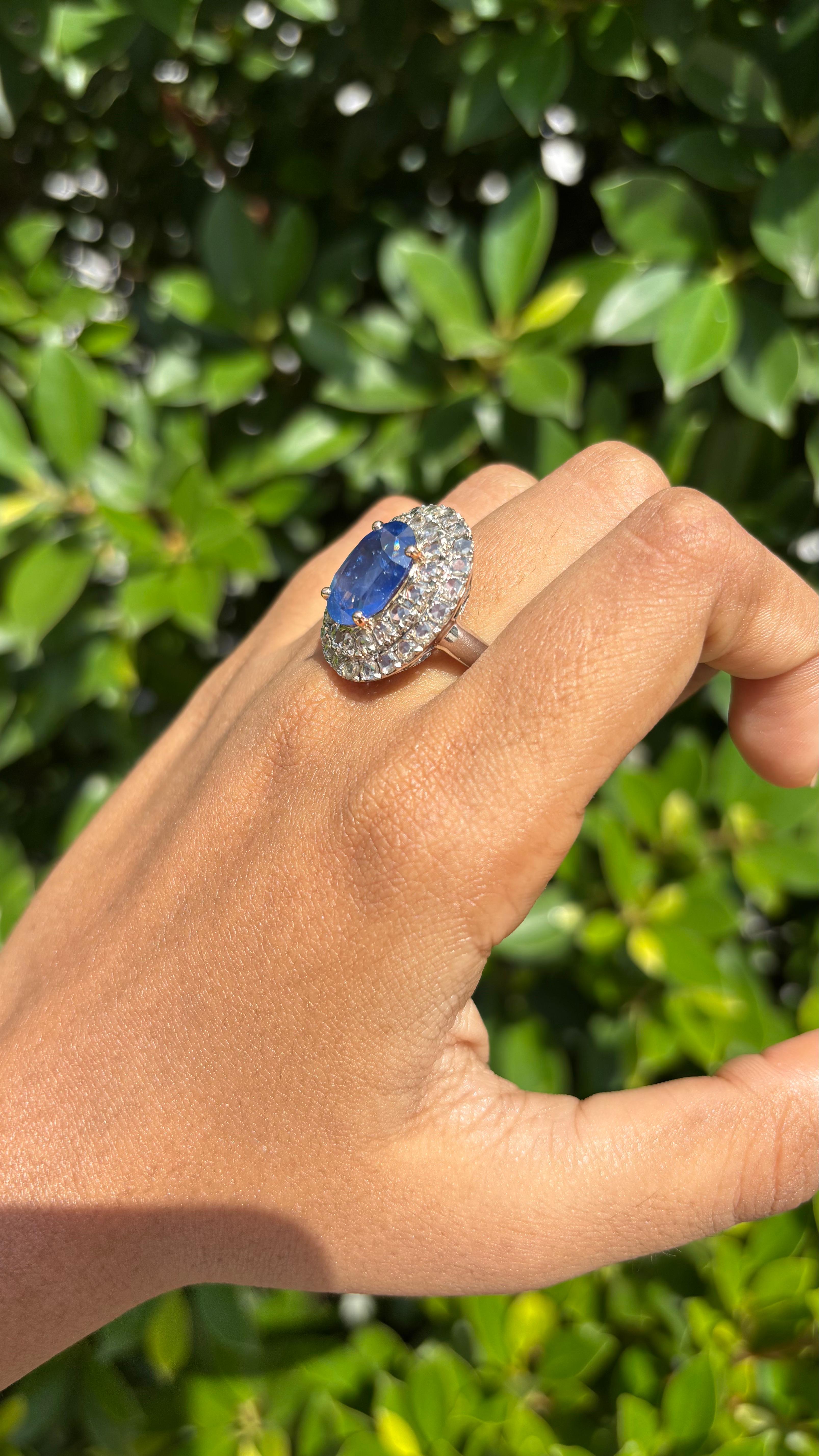 6.70 Carat Ceylon Sapphire & Rose-cut Diamond studded Ring in 14K White Gold For Sale 5