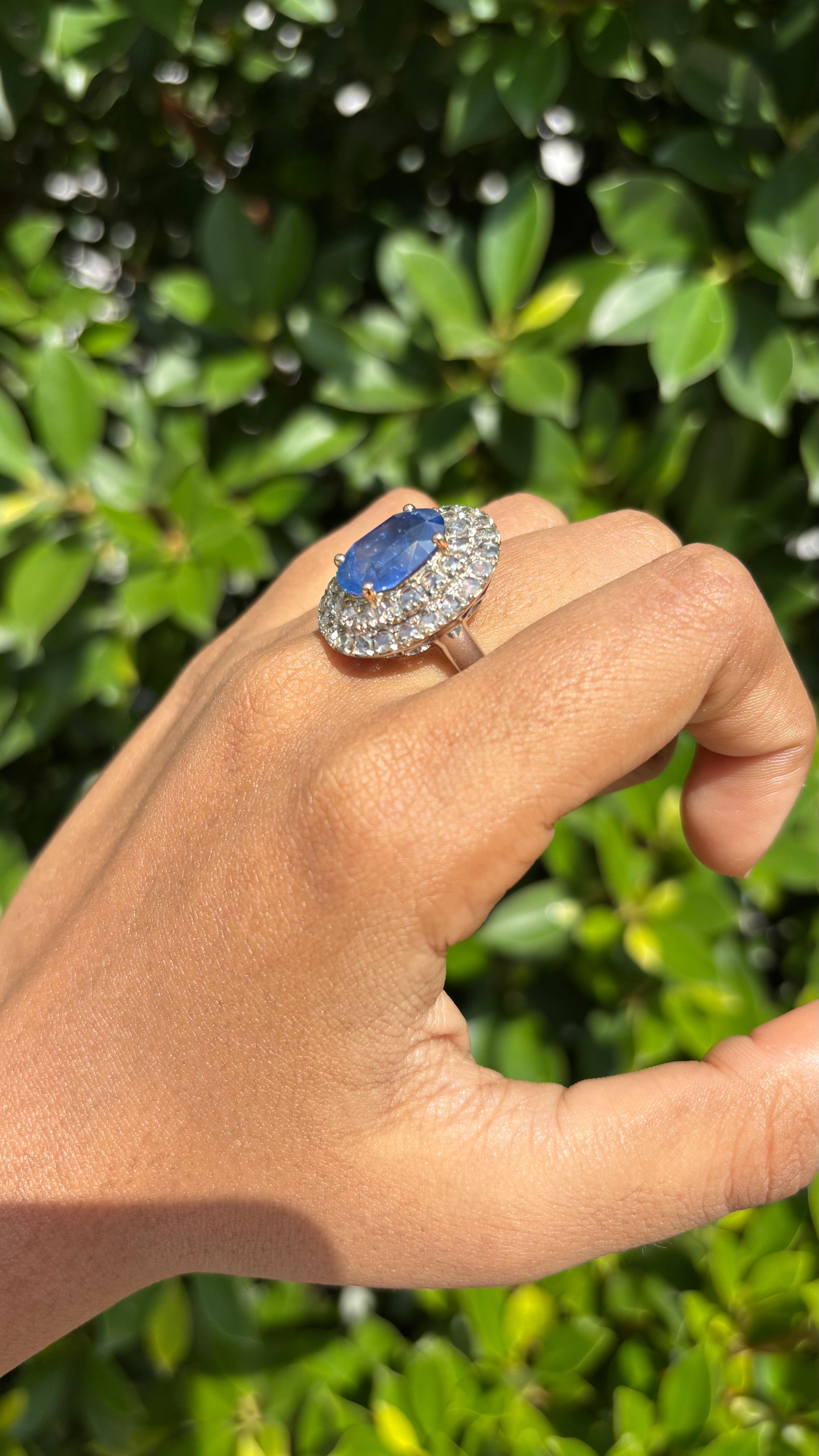 6.70 Carat Ceylon Sapphire & Rose-cut Diamond studded Ring in 14K White Gold For Sale 6
