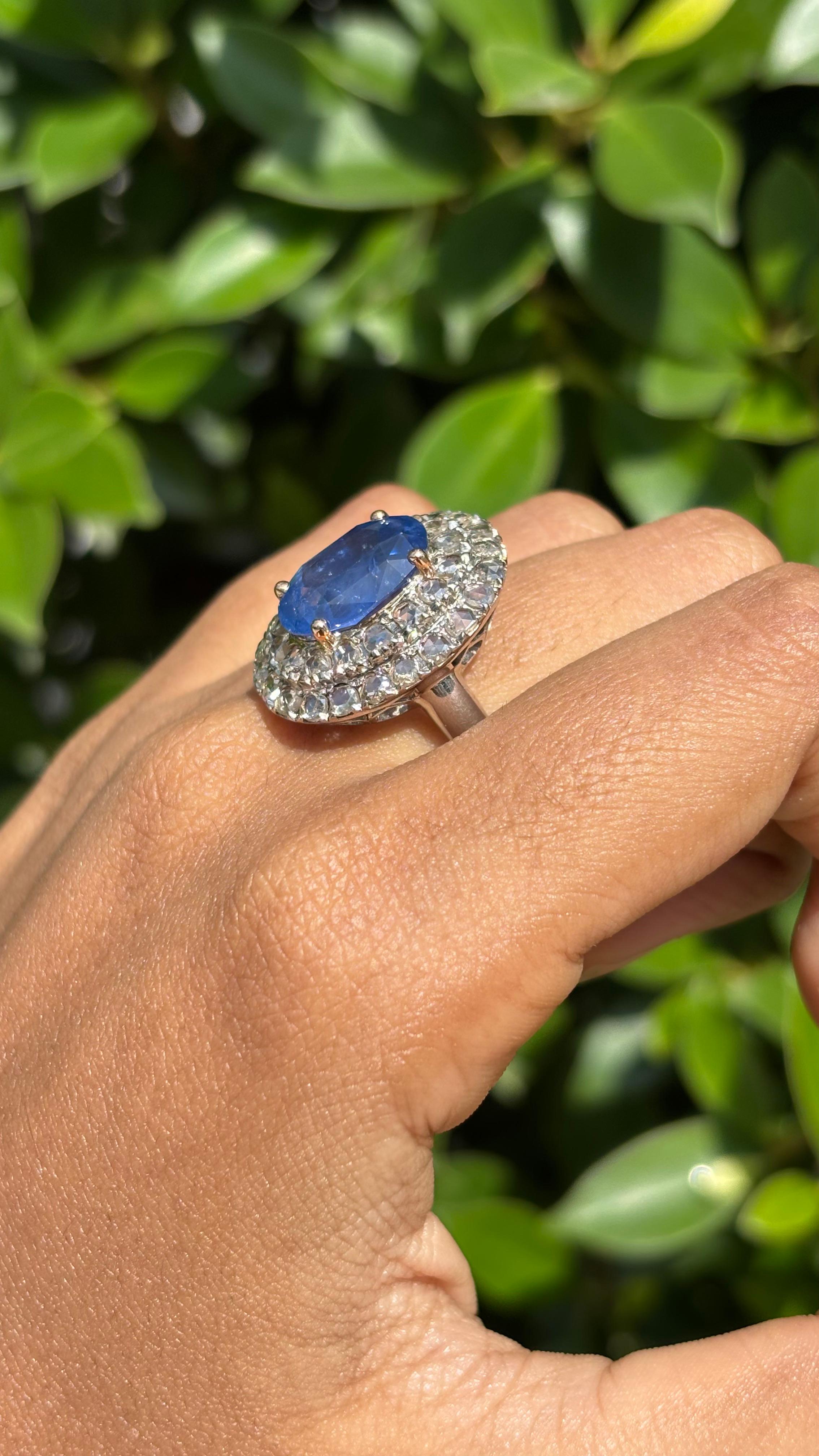 6.70 Carat Ceylon Sapphire & Rose-cut Diamond studded Ring in 14K White Gold For Sale 7