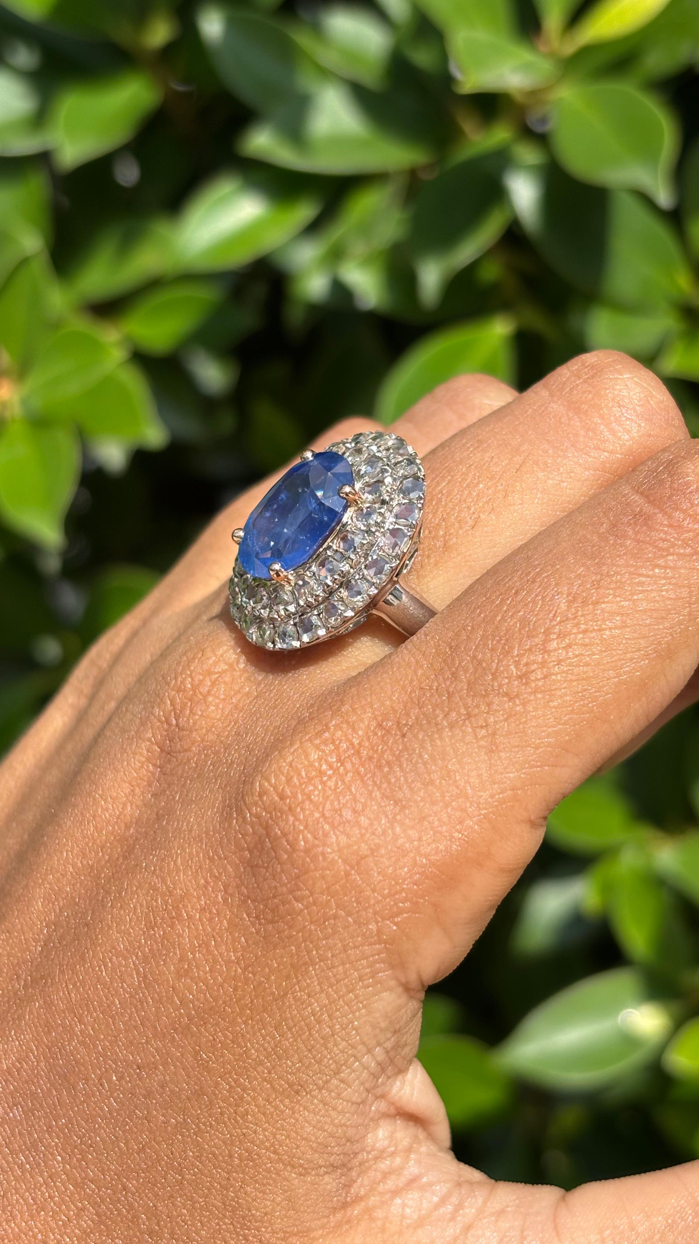 6.70 Carat Ceylon Sapphire & Rose-cut Diamond studded Ring in 14K White Gold For Sale 8