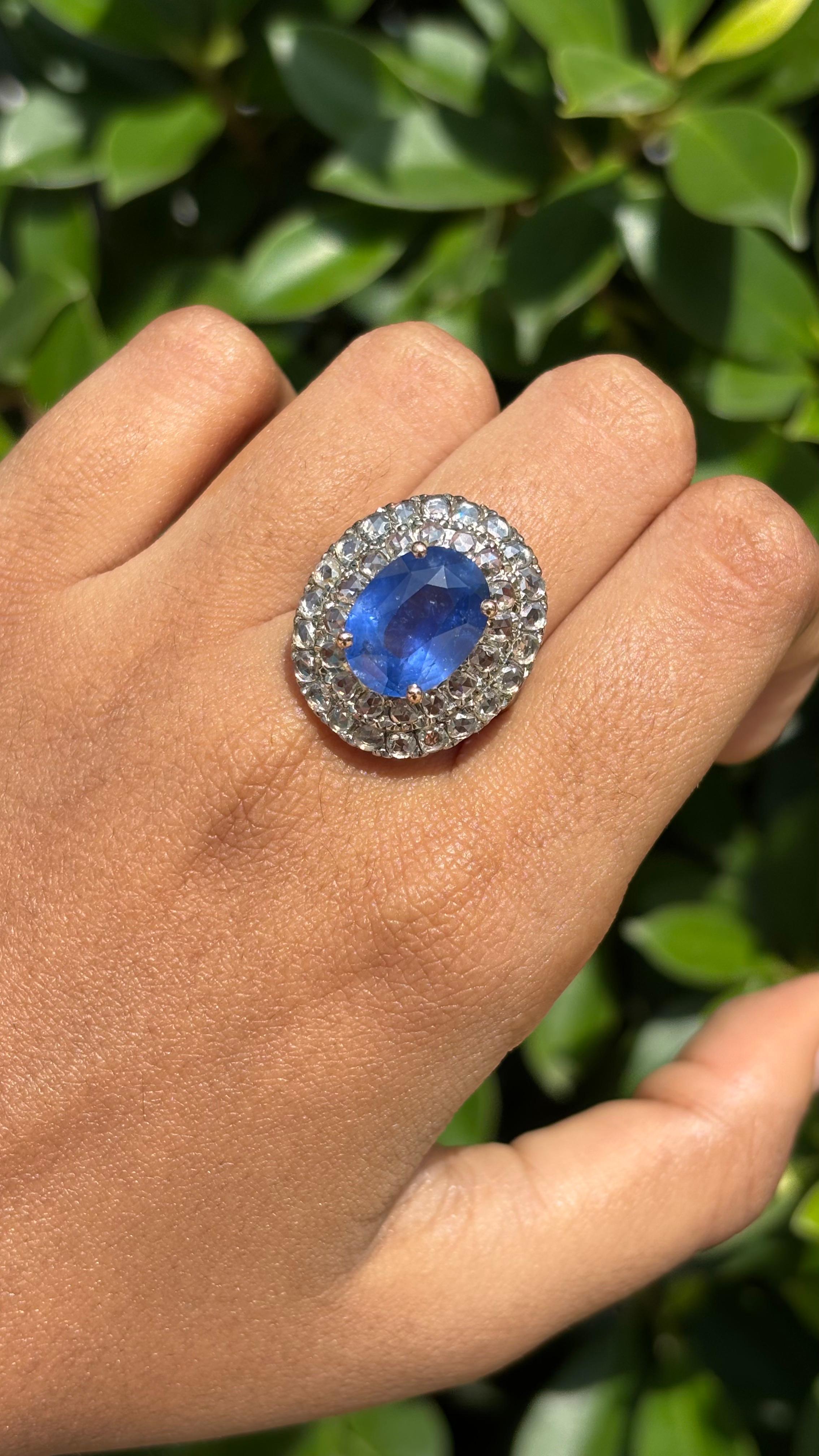 6.70 Carat Ceylon Sapphire & Rose-cut Diamond studded Ring in 14K White Gold For Sale 9