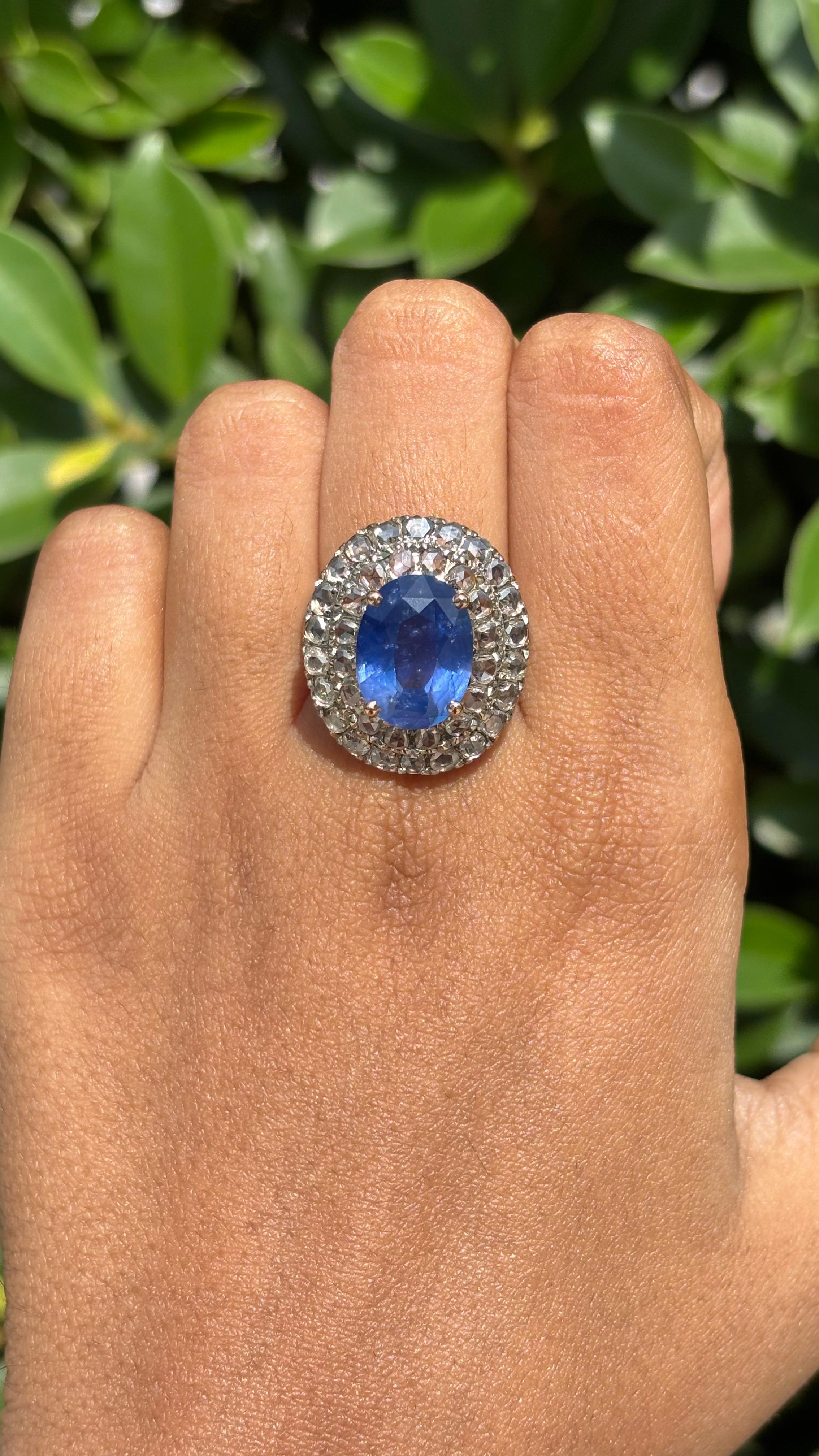 6.70 Carat Ceylon Sapphire & Rose-cut Diamond studded Ring in 14K White Gold For Sale 10