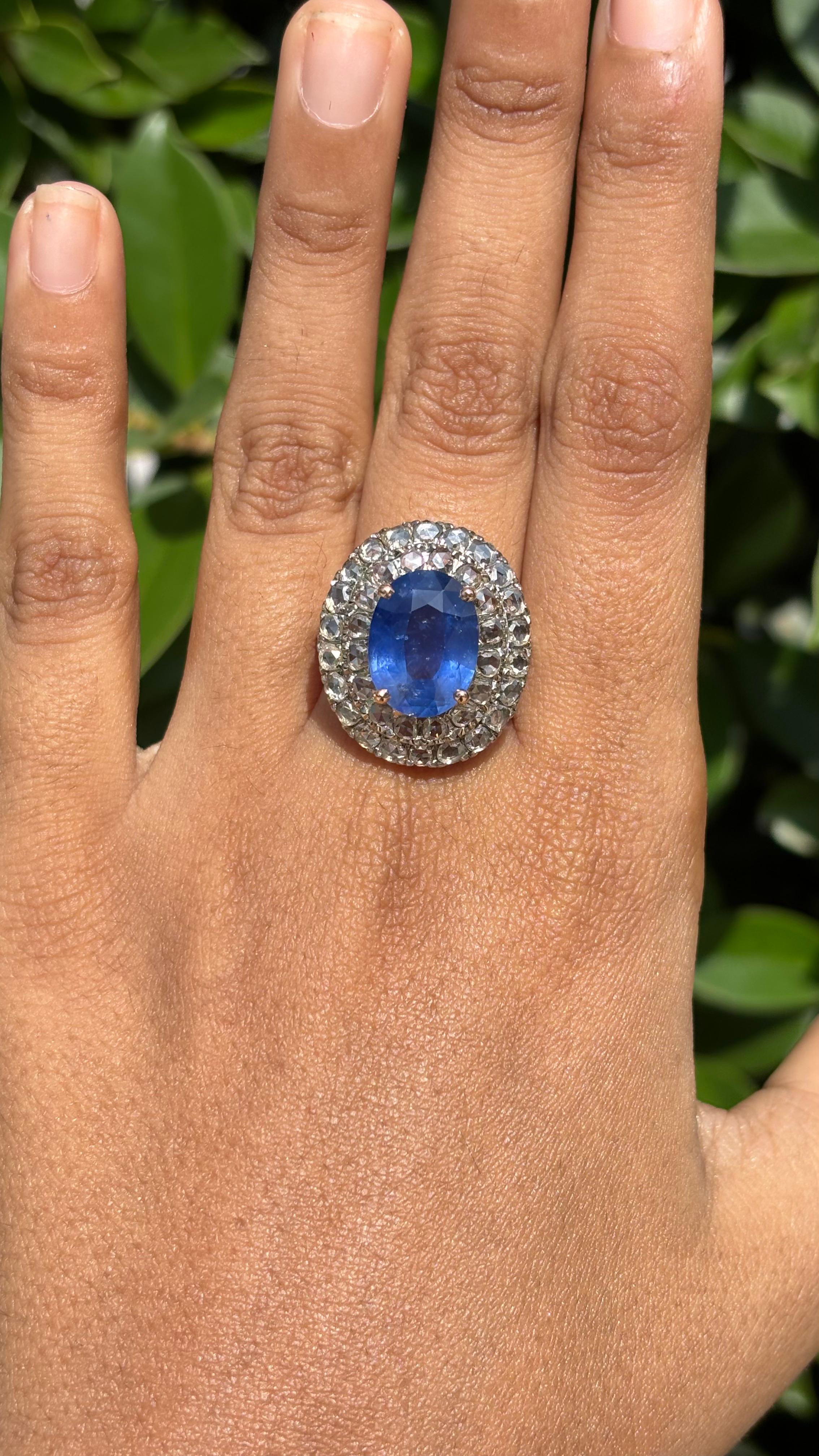 6.70 Carat Ceylon Sapphire & Rose-cut Diamond studded Ring in 14K White Gold For Sale 11