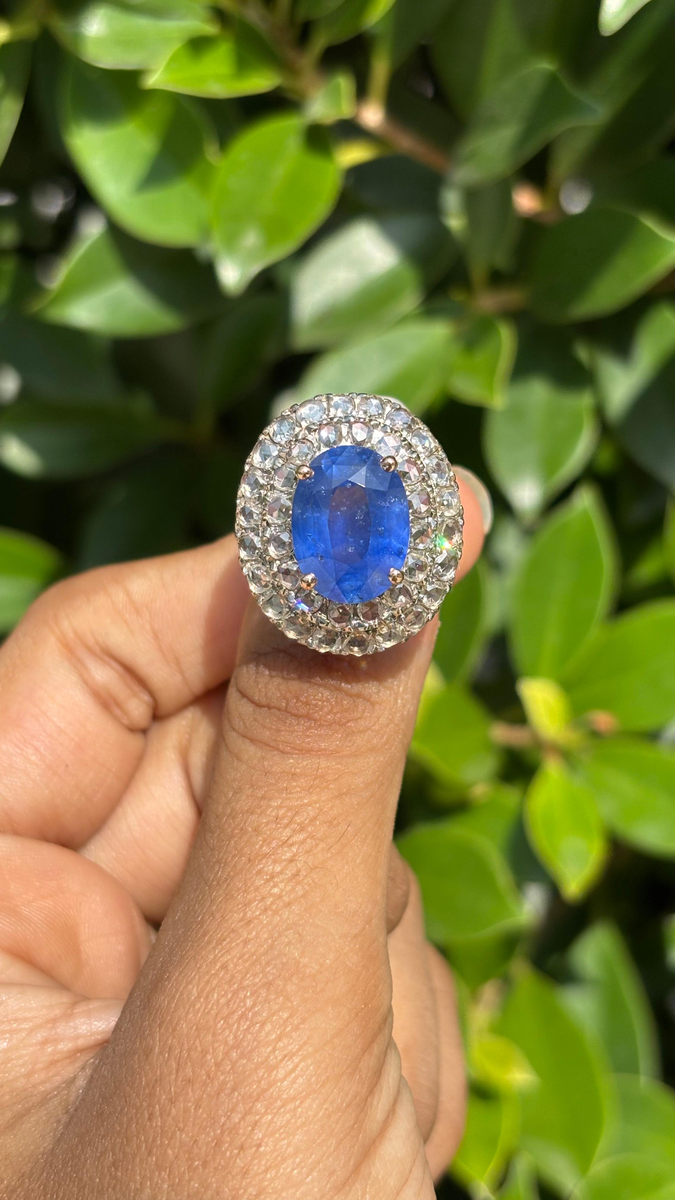6.70 Carat Ceylon Sapphire & Rose-cut Diamond studded Ring in 14K White Gold For Sale 12