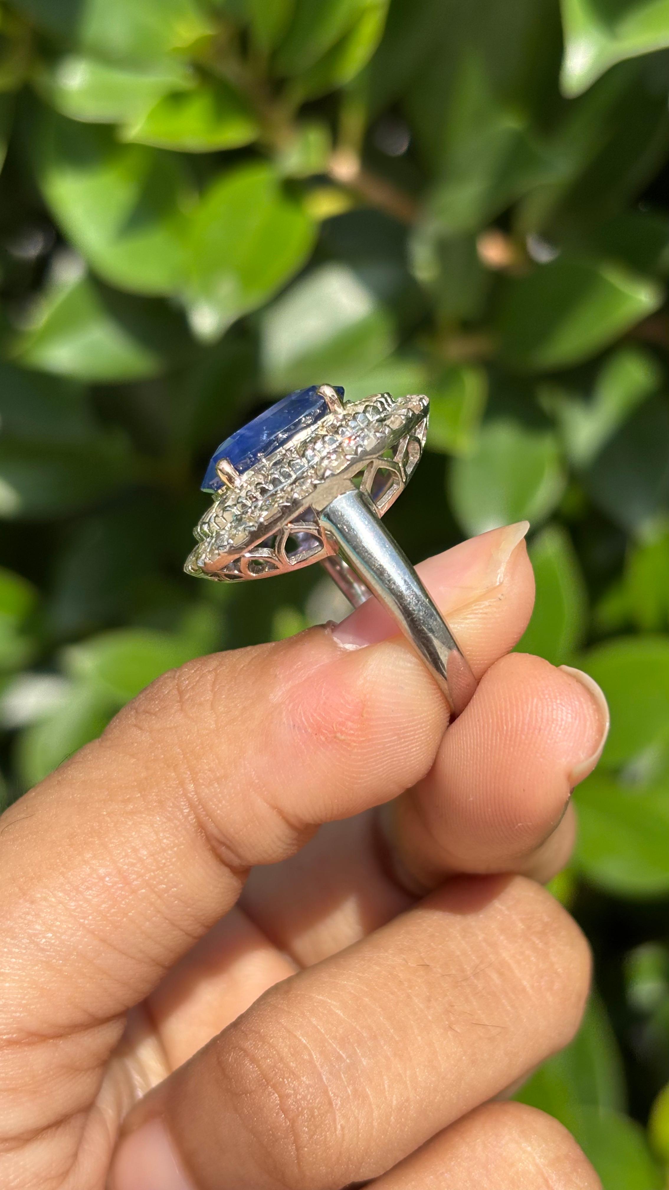 6.70 Carat Ceylon Sapphire & Rose-cut Diamond studded Ring in 14K White Gold For Sale 13