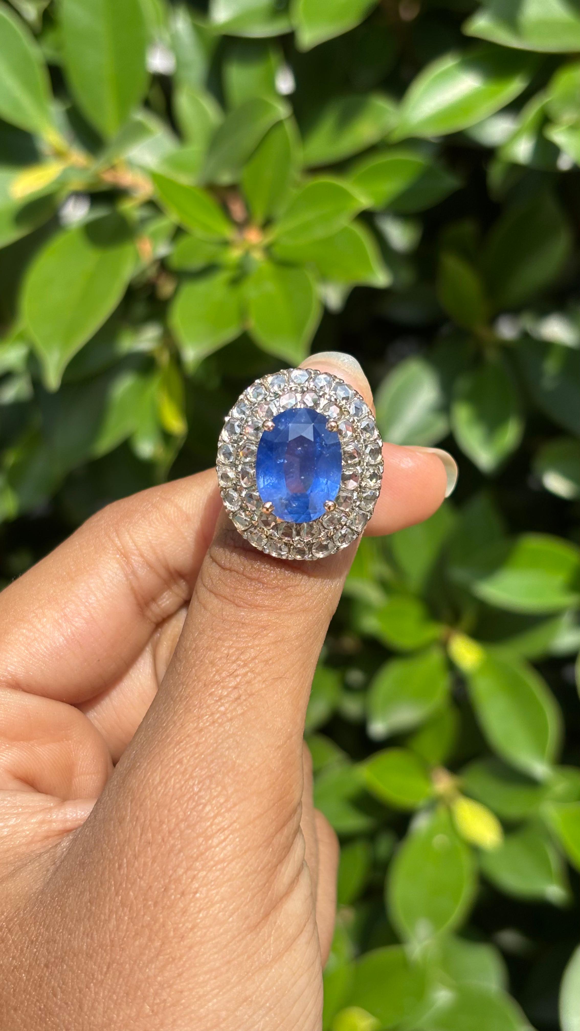 Oval Cut 6.70 Carat Ceylon Sapphire & Rose-cut Diamond studded Ring in 14K White Gold For Sale