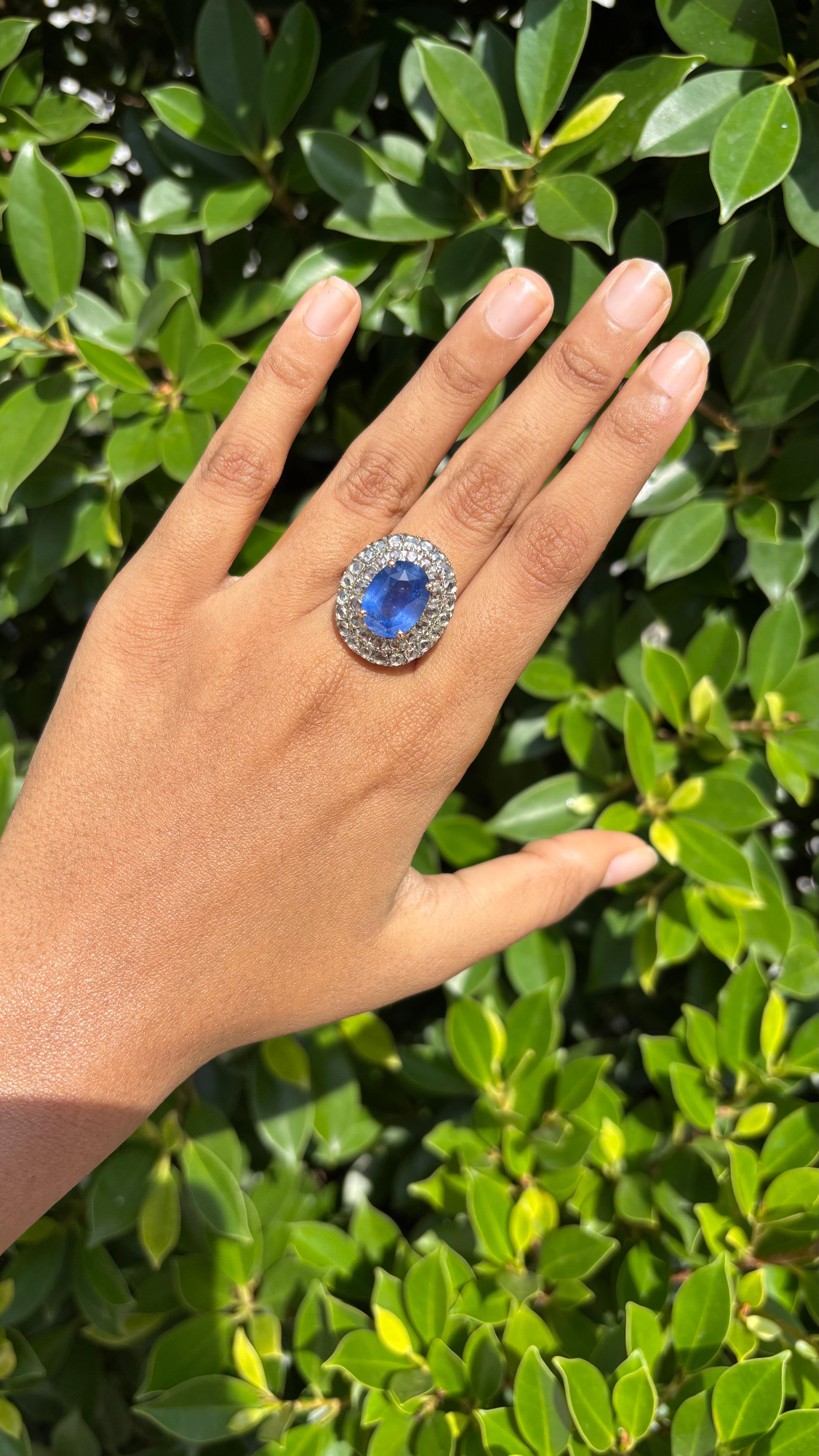 6.70 Carat Ceylon Sapphire & Rose-cut Diamond studded Ring in 14K White Gold For Sale 1