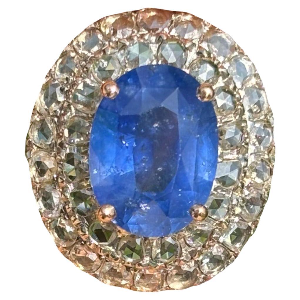 6.70 Carat Ceylon Sapphire & Rose-cut Diamond studded Ring in 14K White Gold For Sale