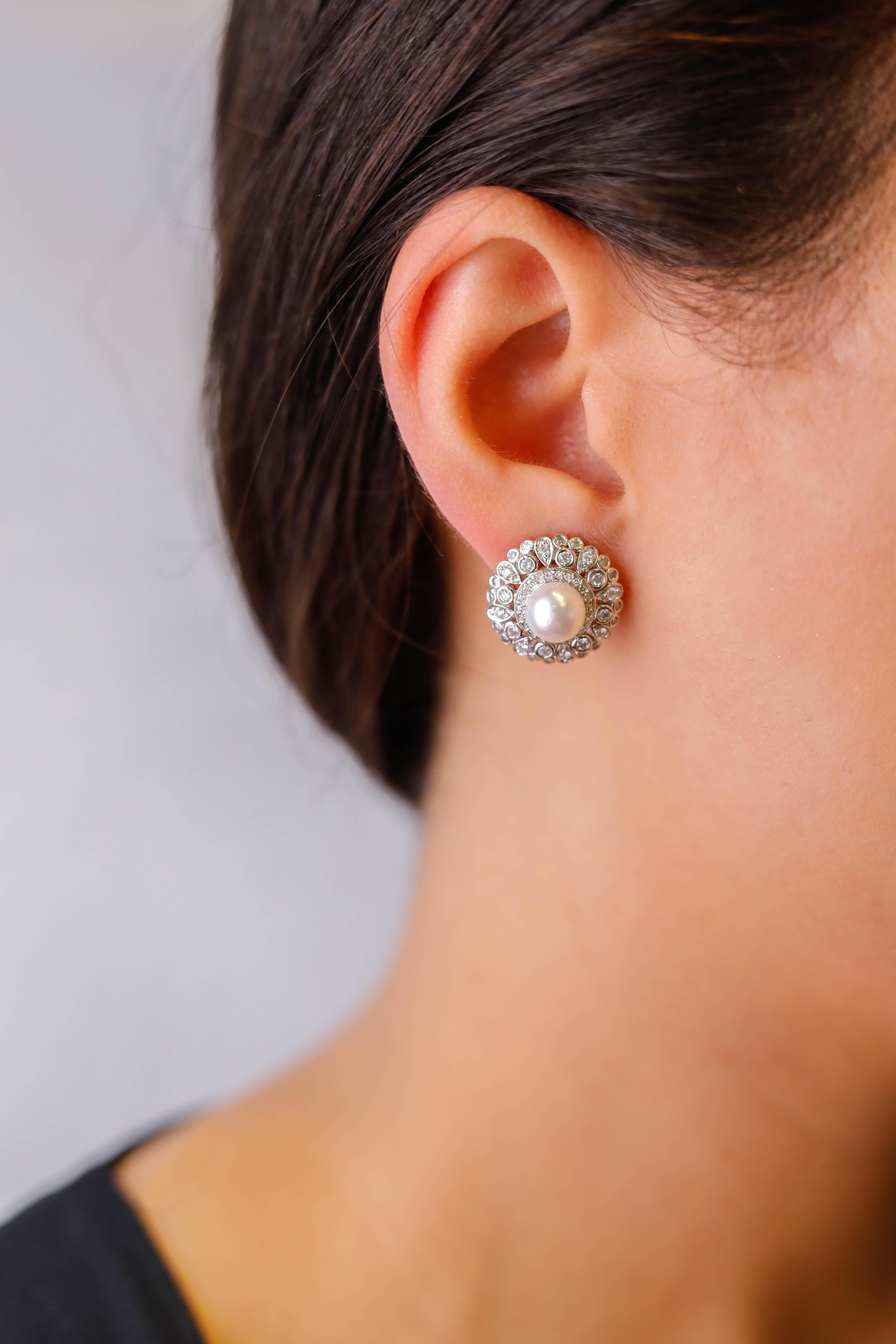 Modern 6.7 TCW Cultured Pearl Diamond Diamond Stud Earrings in 14 karat White Gold