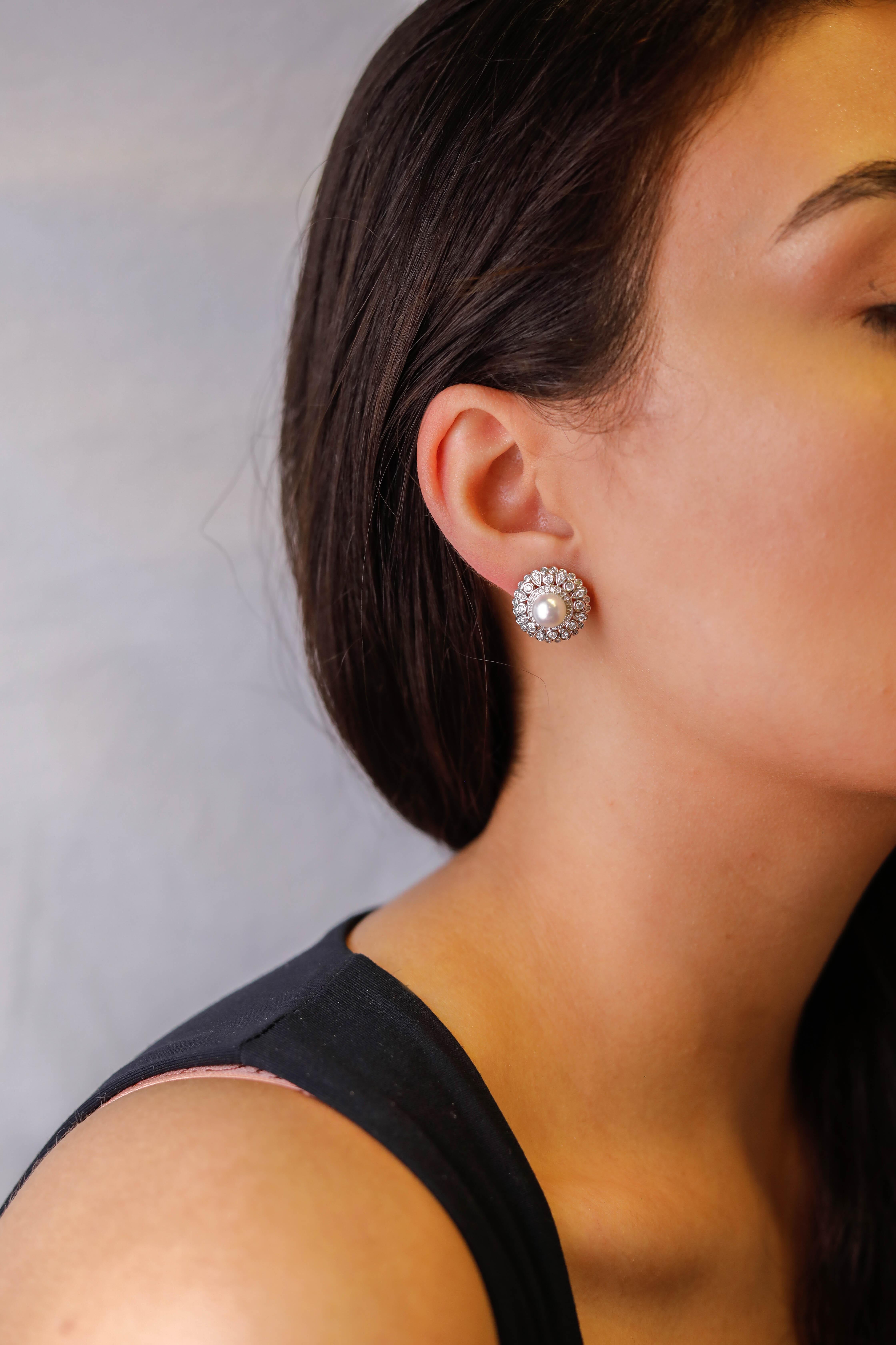 Round Cut 6.7 TCW Cultured Pearl Diamond Diamond Stud Earrings in 14 karat White Gold