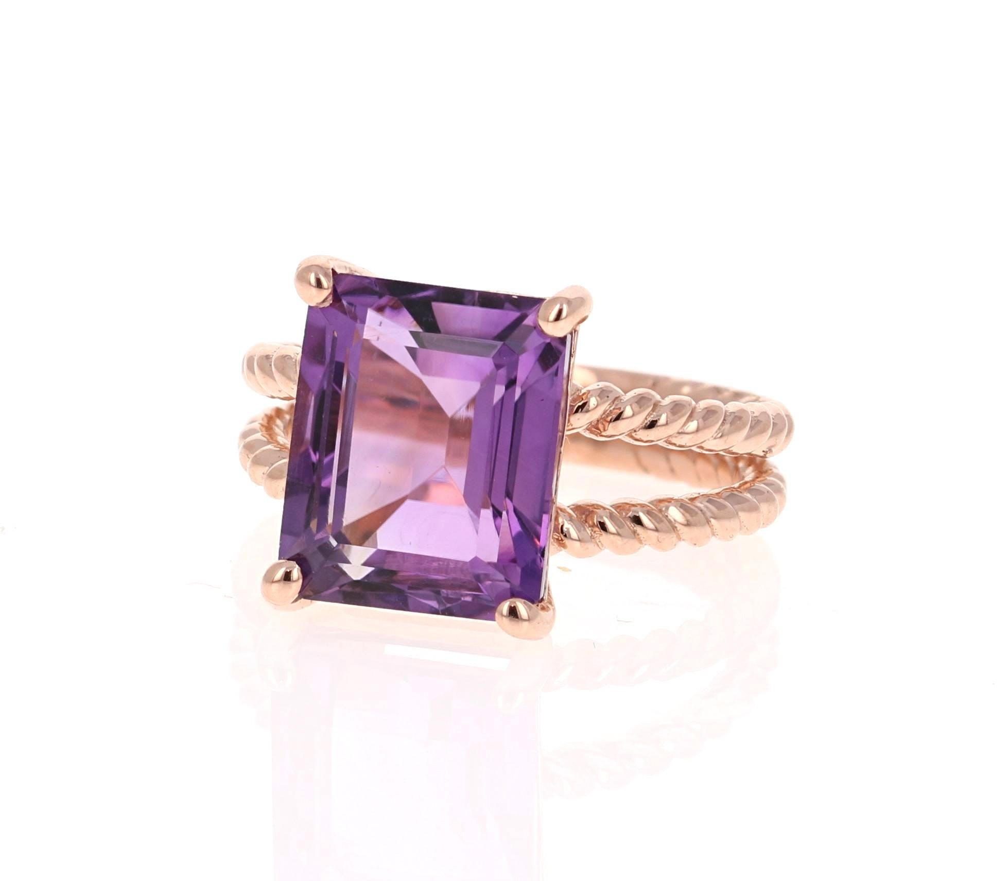 Contemporary 6.70 Carat Emerald Cut Amethyst Rose Gold Solitaire Ring