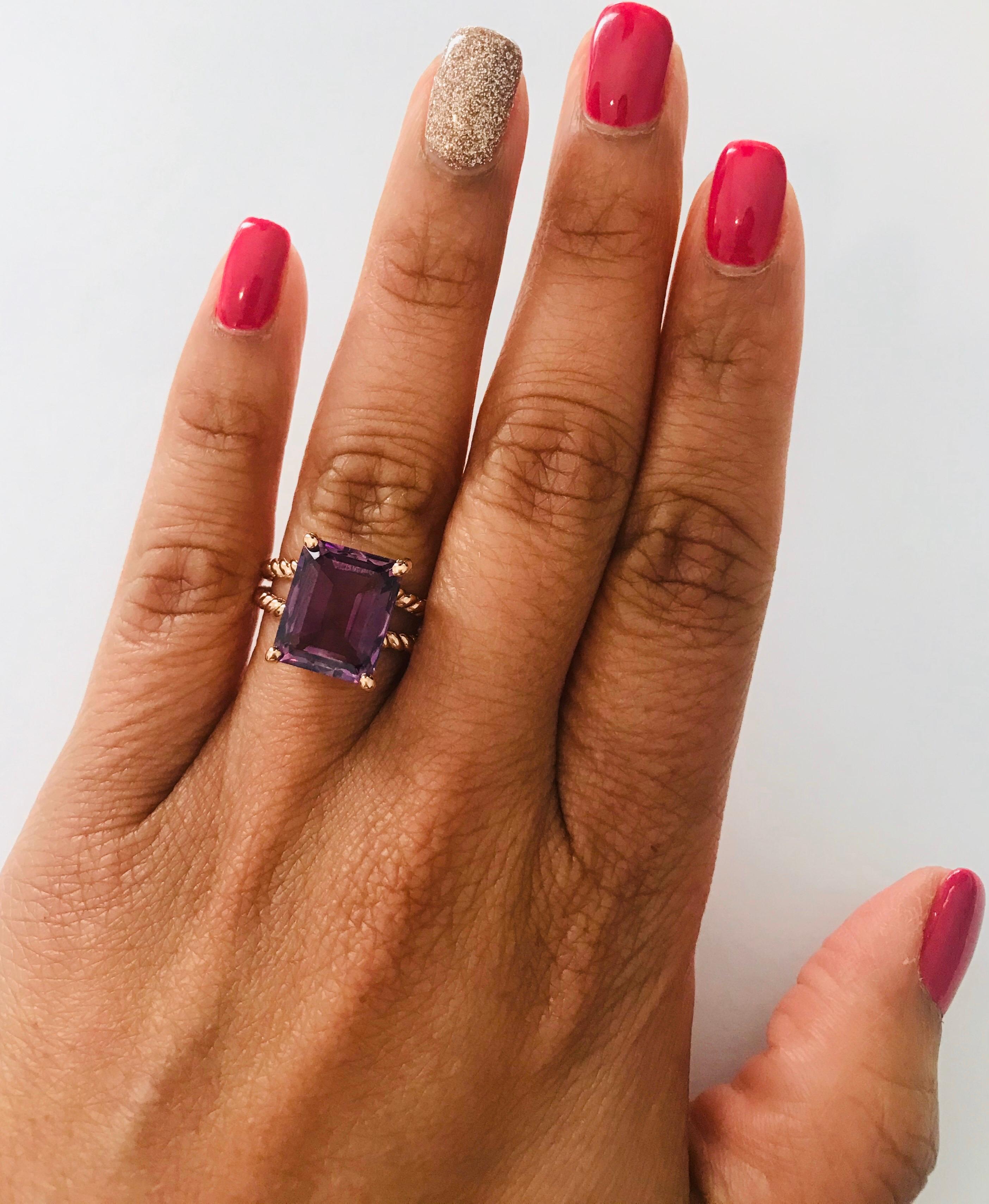 6.70 Carat Emerald Cut Amethyst Rose Gold Solitaire Ring 3