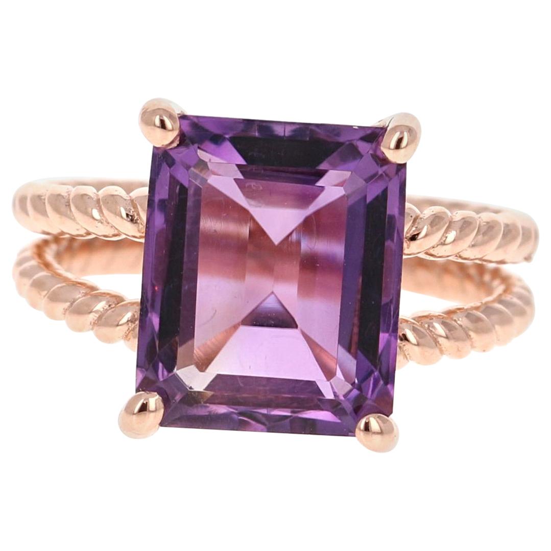 6.70 Carat Emerald Cut Amethyst Rose Gold Solitaire Ring