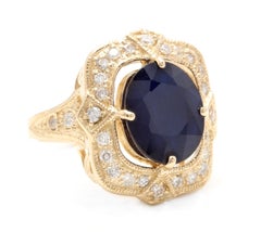 6.70 Carat Exquisite Natural Blue Sapphire and Diamond 14K Solid Yellow Gold