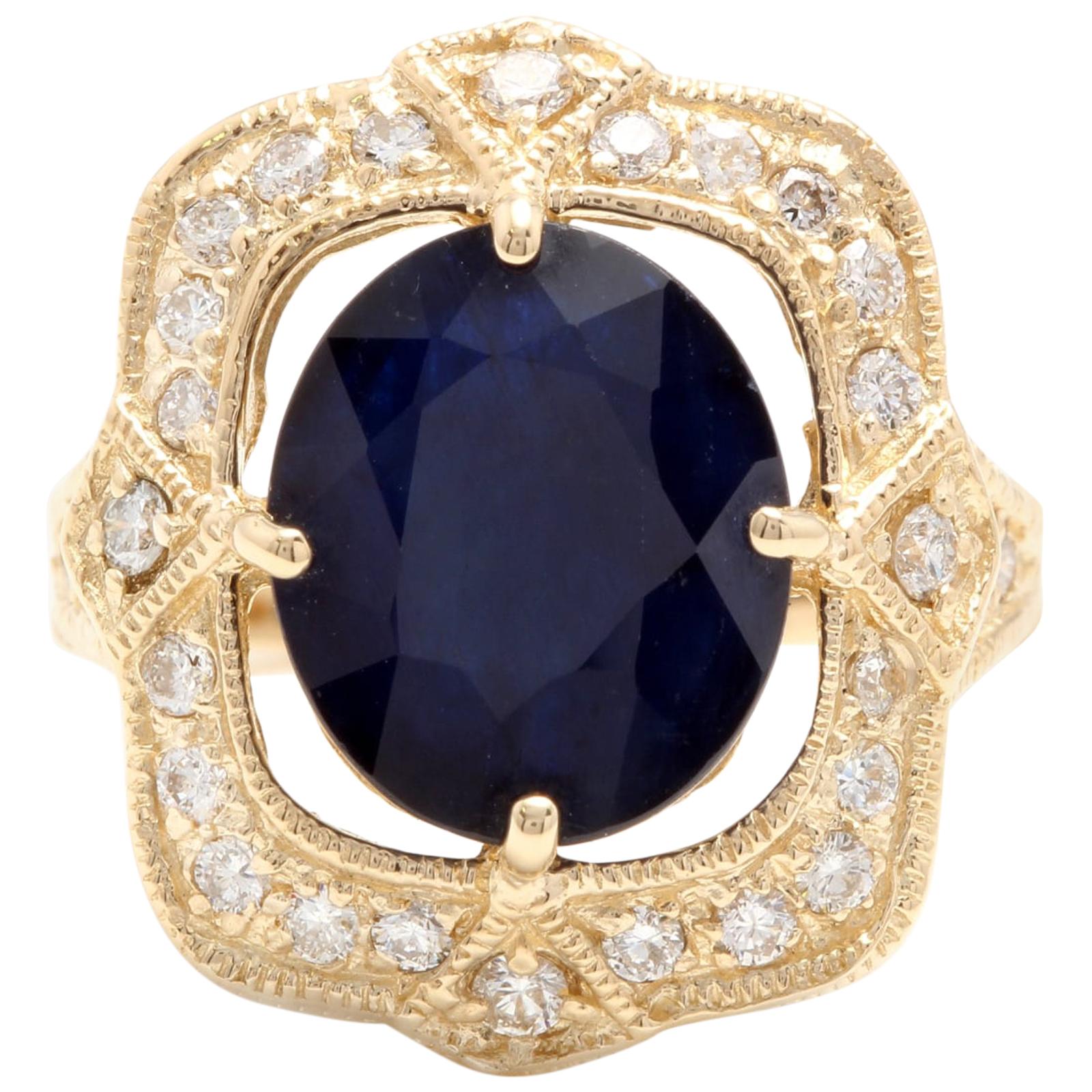 6.70 Carat Exquisite Natural Blue Sapphire and Diamond 14K Solid Yellow Gold For Sale
