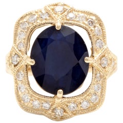 Magnifique saphir bleu naturel de 6,70 carats et diamants en or jaune massif 14 carats