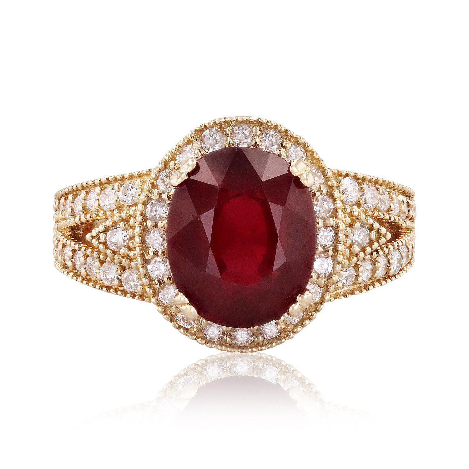 6.70 Carat Impressive Red Ruby and Natural Diamond 14 Karat Yellow Gold Ring In New Condition For Sale In Los Angeles, CA