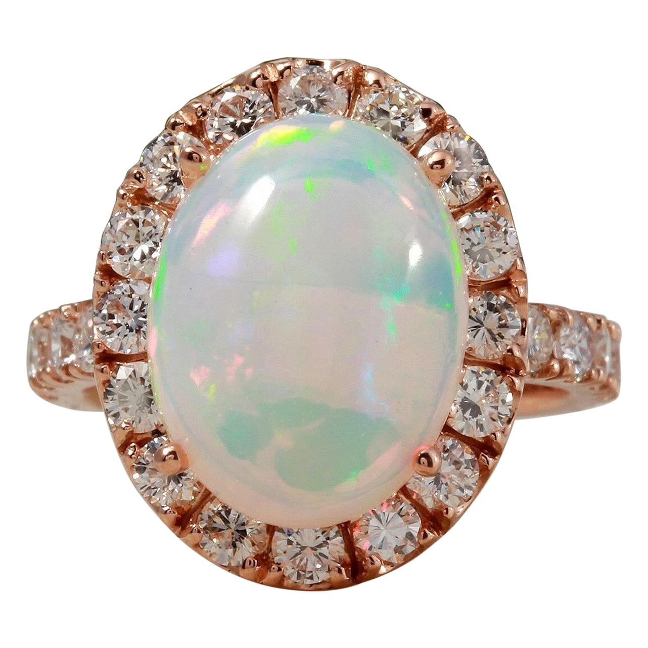 Anillo de oro rosa macizo de 14 quilates con ópalo etíope natural y diamantes de 6,70 quilates