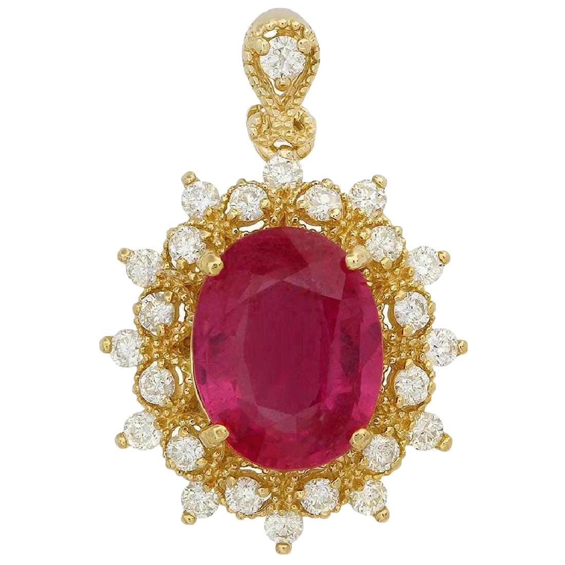 Collier en or jaune massif 14 carats avec rubis rouge naturel de 6,70 carats et diamants naturels en vente