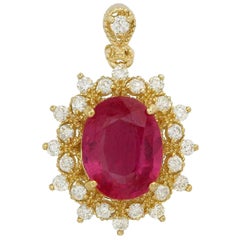 6.70 Carat Natural Red Ruby and Natural Diamond 14K Solid Yellow Gold Necklace