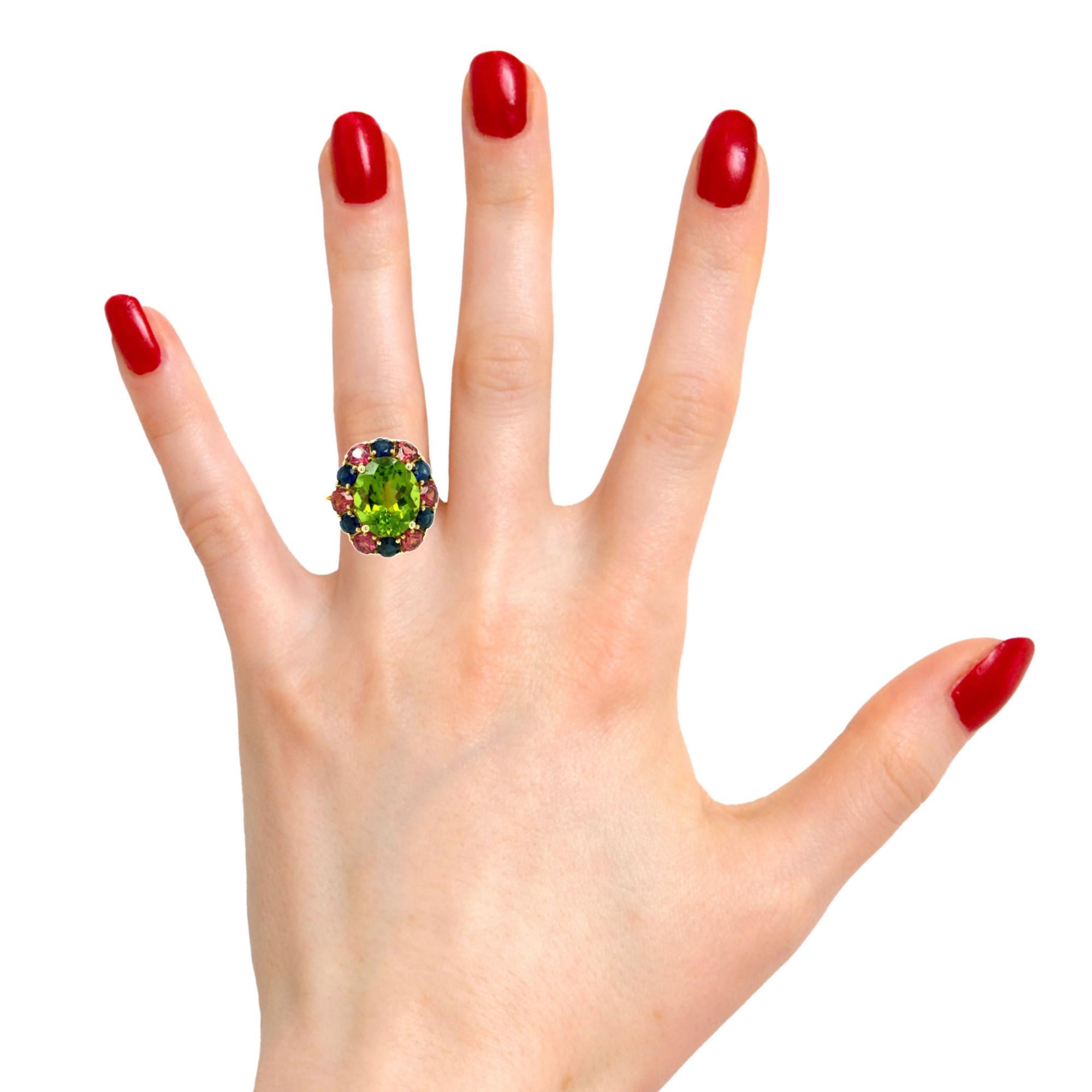 Women's 6.70 Carat Peridot, Sapphire, and Rhodolite Garnet Yellow Gold Cocktail Ring For Sale